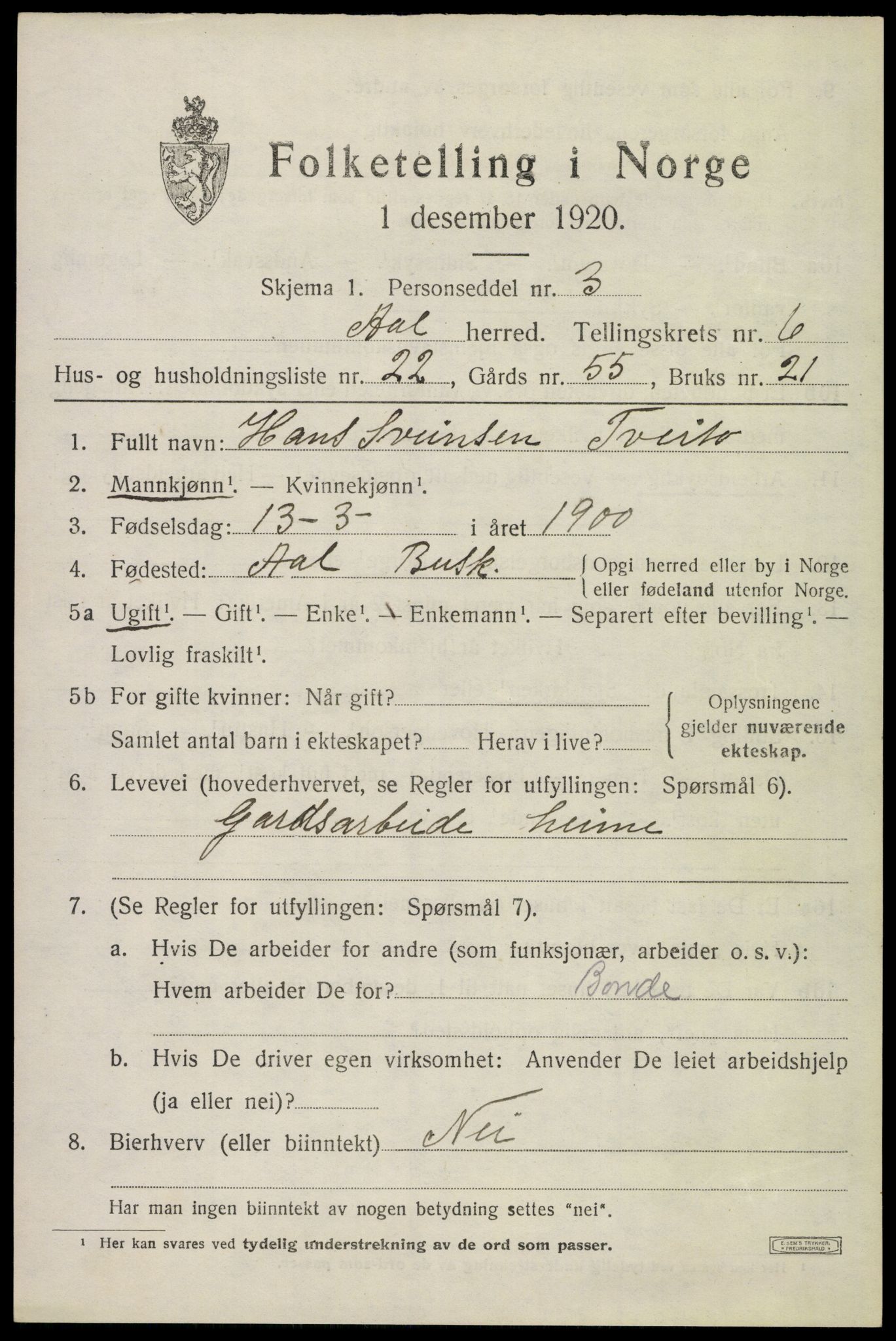 SAKO, 1920 census for Ål, 1920, p. 4584