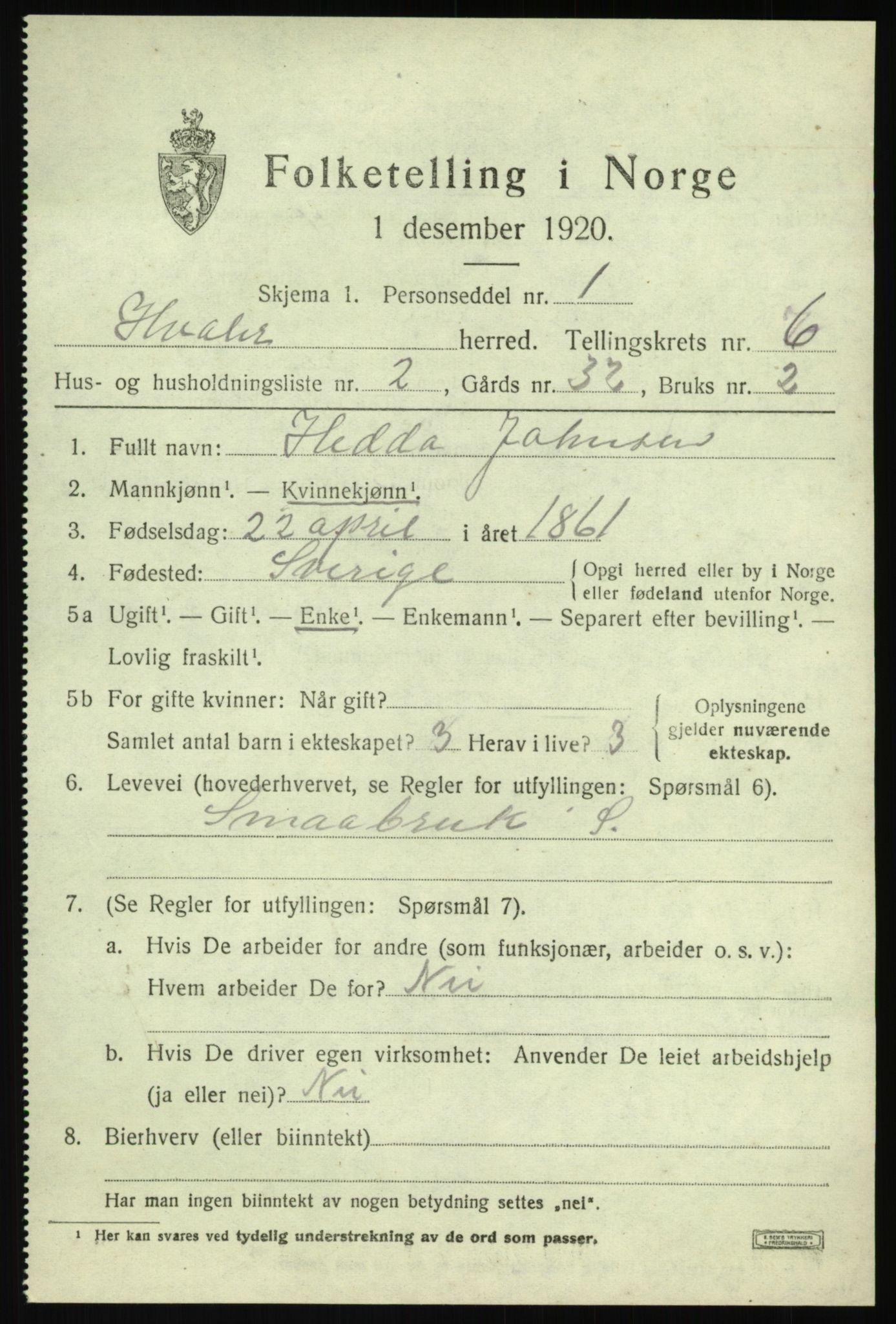 SAO, 1920 census for Hvaler, 1920, p. 5780