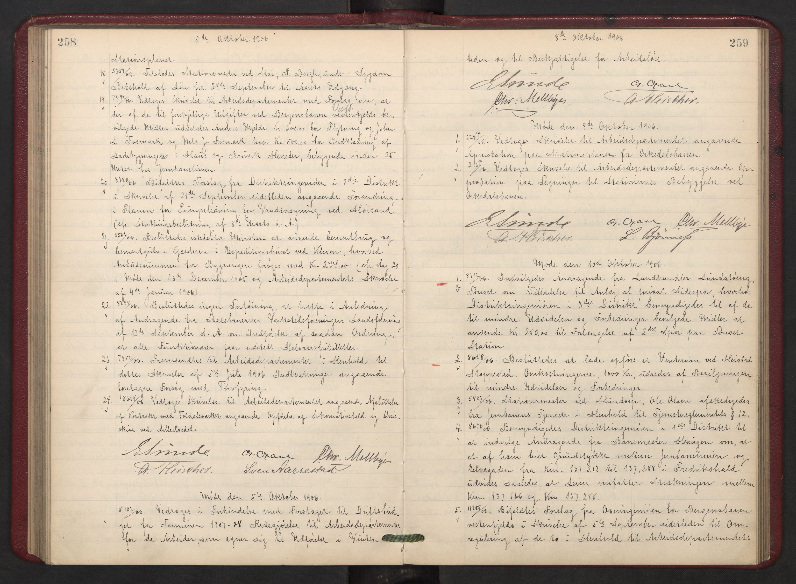 Norges statsbaner, Administrasjons- økonomi- og personalavdelingen, AV/RA-S-3412/A/Aa/L0008: Forhandlingsprotokoll, 1905-1907, p. 258-259