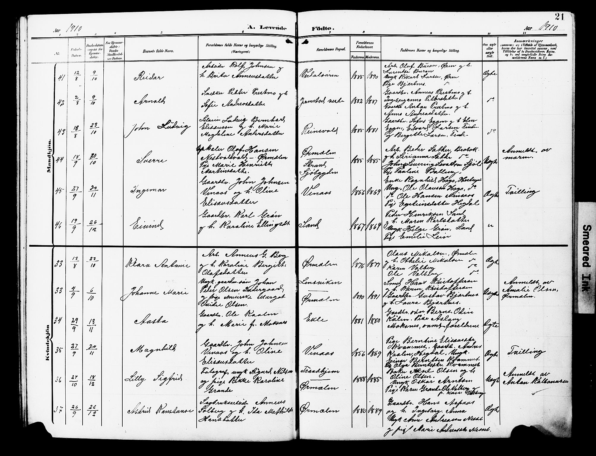 Ministerialprotokoller, klokkerbøker og fødselsregistre - Nord-Trøndelag, SAT/A-1458/723/L0258: Parish register (copy) no. 723C06, 1908-1927, p. 21