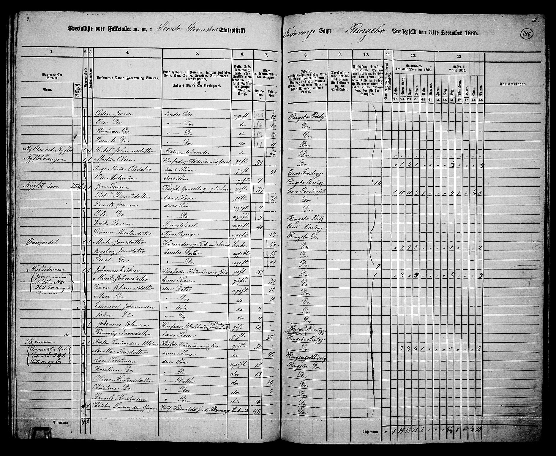 RA, 1865 census for Ringebu, 1865, p. 168