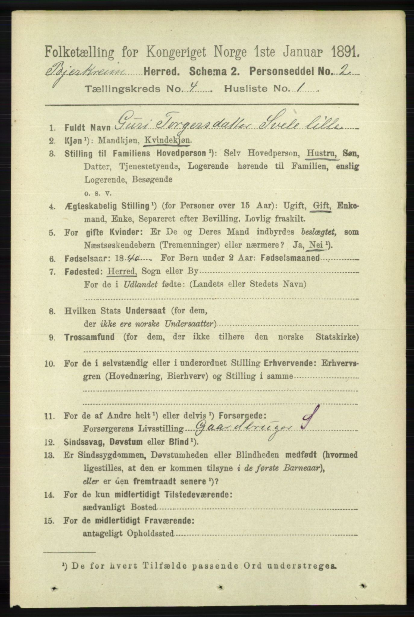 RA, 1891 census for 1114 Bjerkreim, 1891, p. 1227