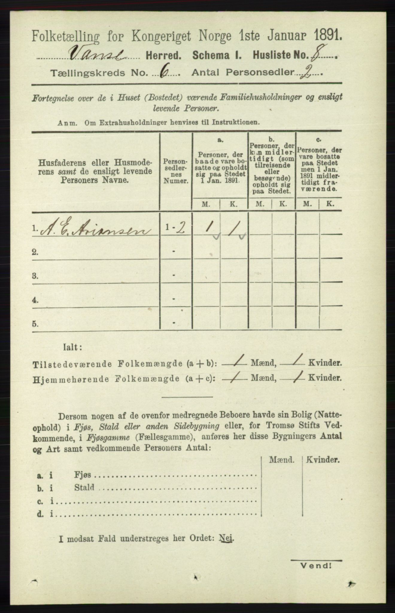 RA, 1891 census for 1041 Vanse, 1891, p. 3407