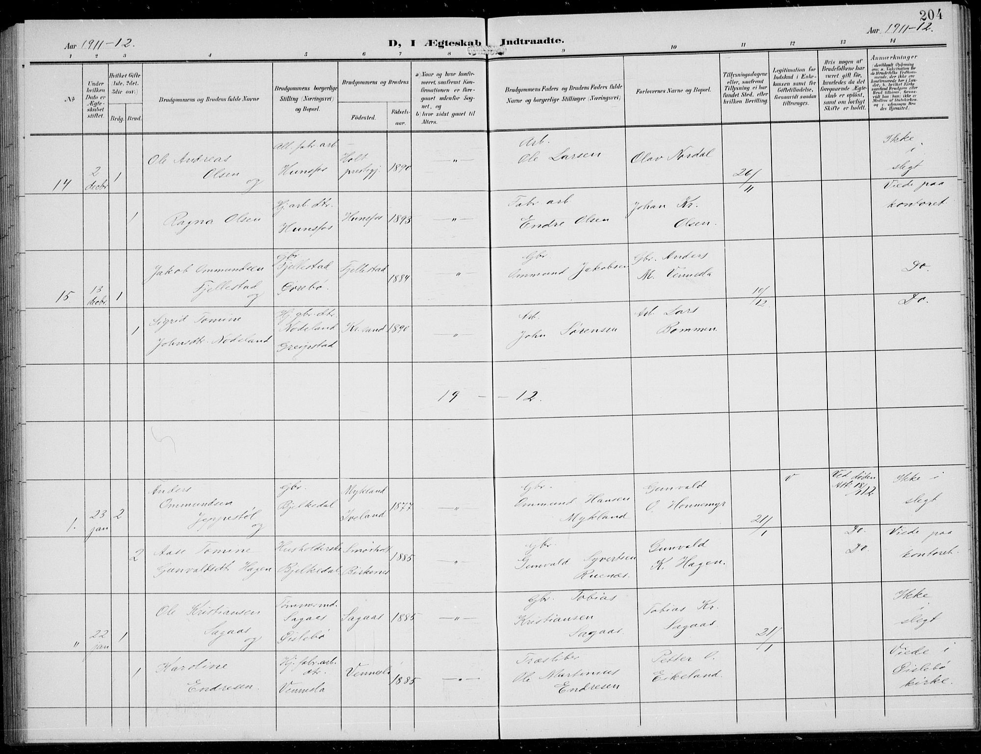 Vennesla sokneprestkontor, AV/SAK-1111-0045/Fb/Fbb/L0005: Parish register (copy) no. B 5, 1903-1913, p. 204