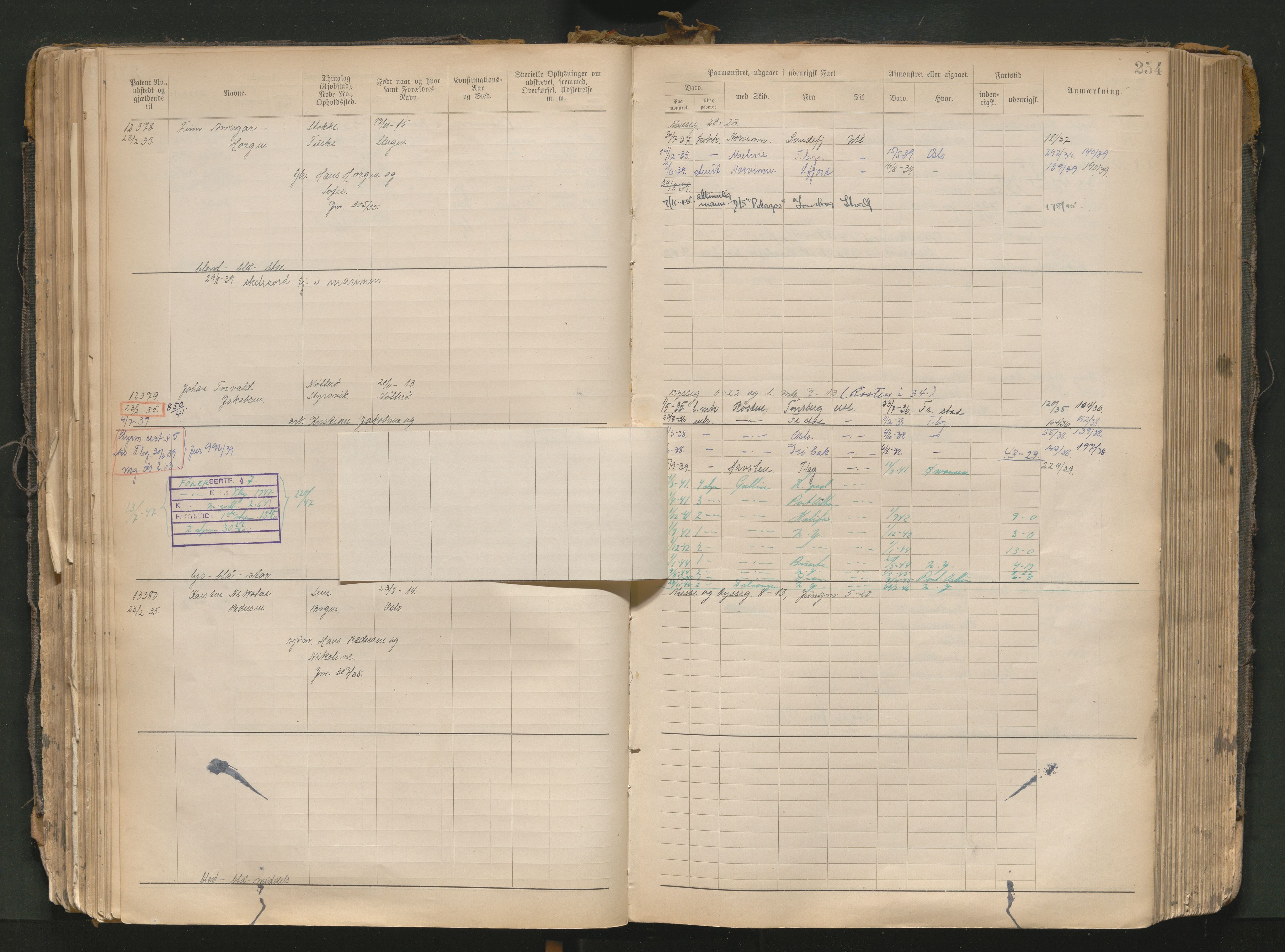 Tønsberg innrulleringskontor, AV/SAKO-A-786/F/Fc/Fcb/L0013: Hovedrulle Patent nr. 12217-13109, 101-320, 1933-1948, p. 254