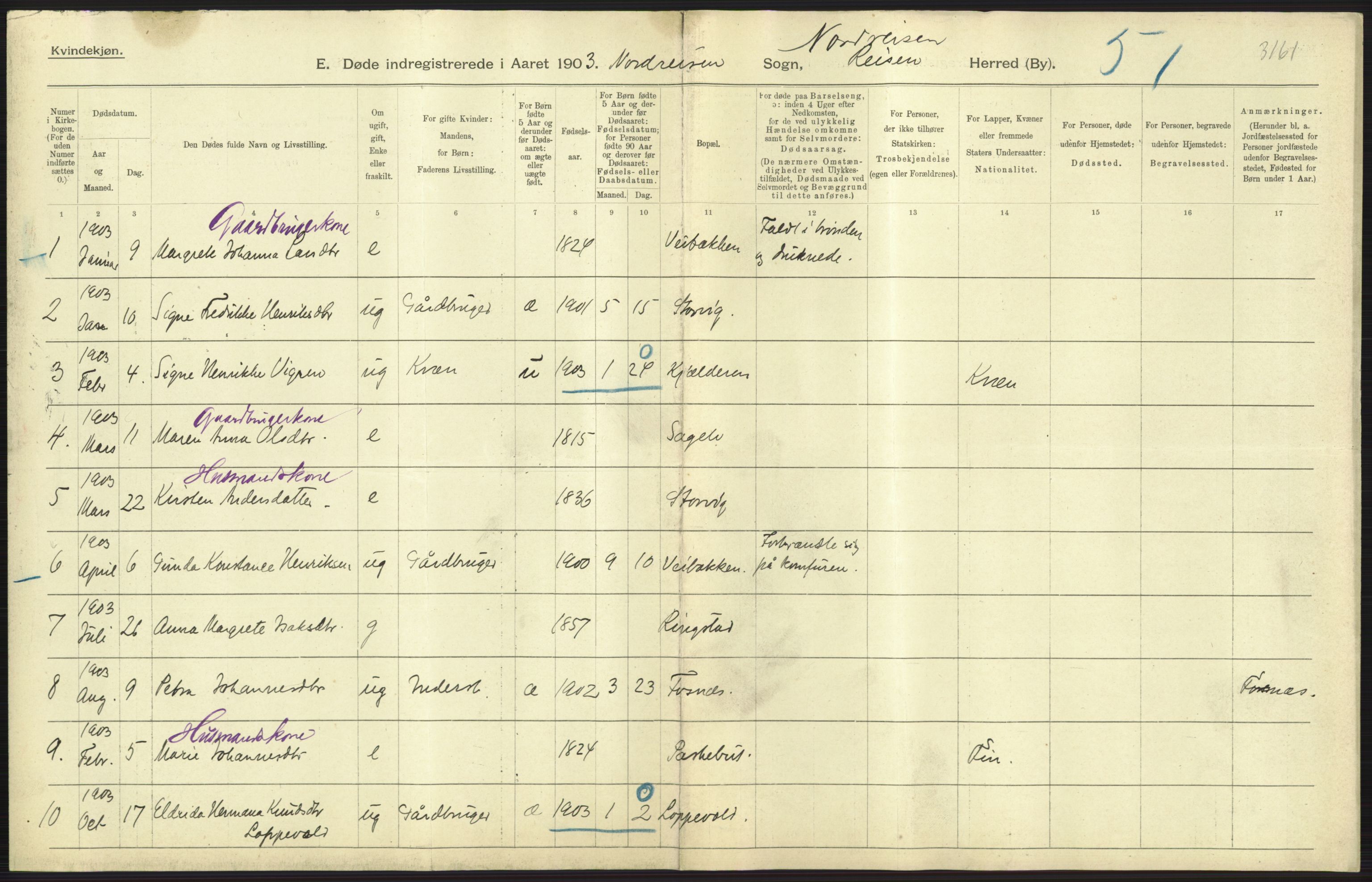 Statistisk sentralbyrå, Sosiodemografiske emner, Befolkning, RA/S-2228/D/Df/Dfa/Dfaa/L0021: Tromsø amt: Fødte, gifte, døde., 1903, p. 387