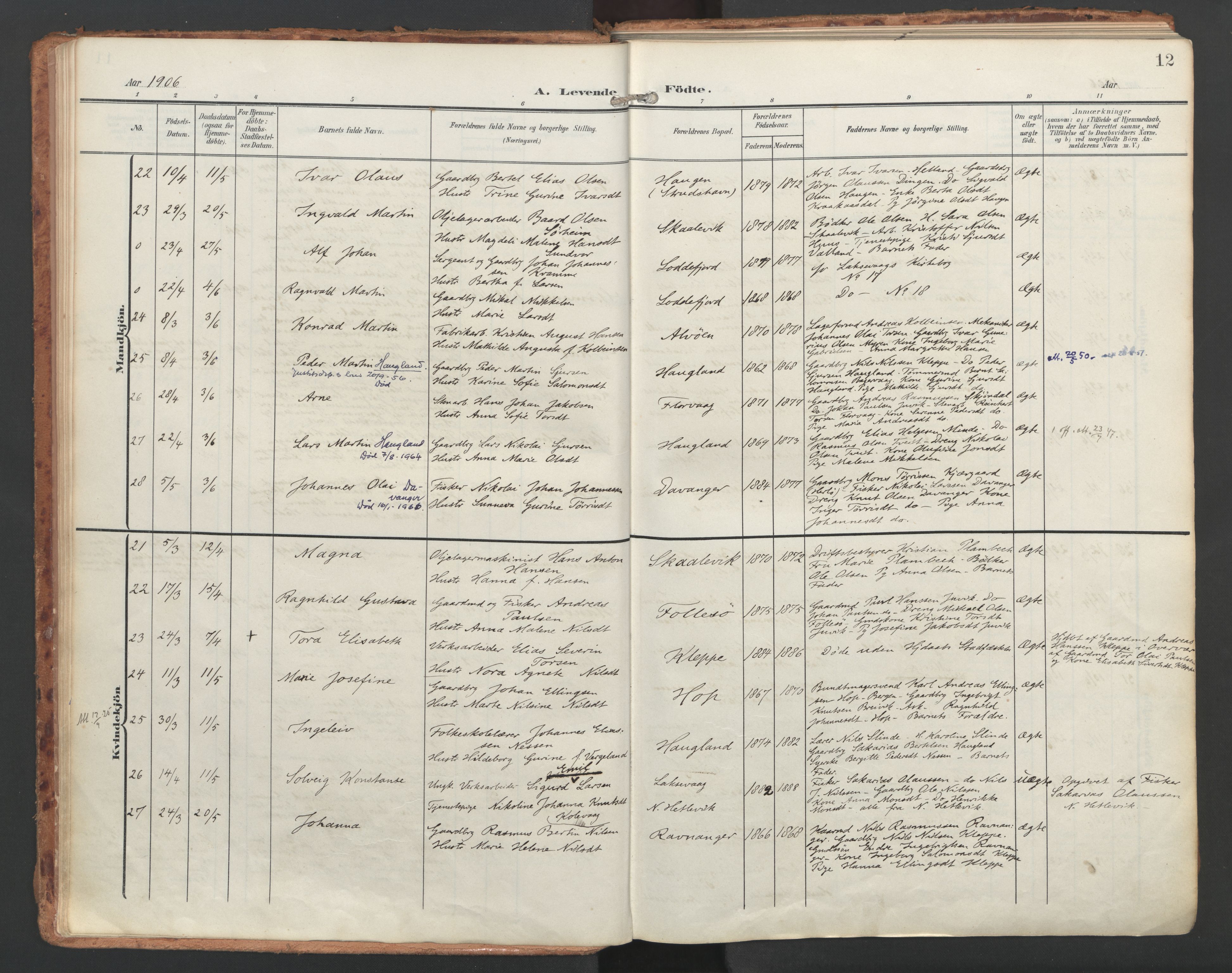 Askøy Sokneprestembete, AV/SAB-A-74101/H/Ha/Haa/Haac/L0002: Parish register (official) no. C 2, 1905-1922, p. 12