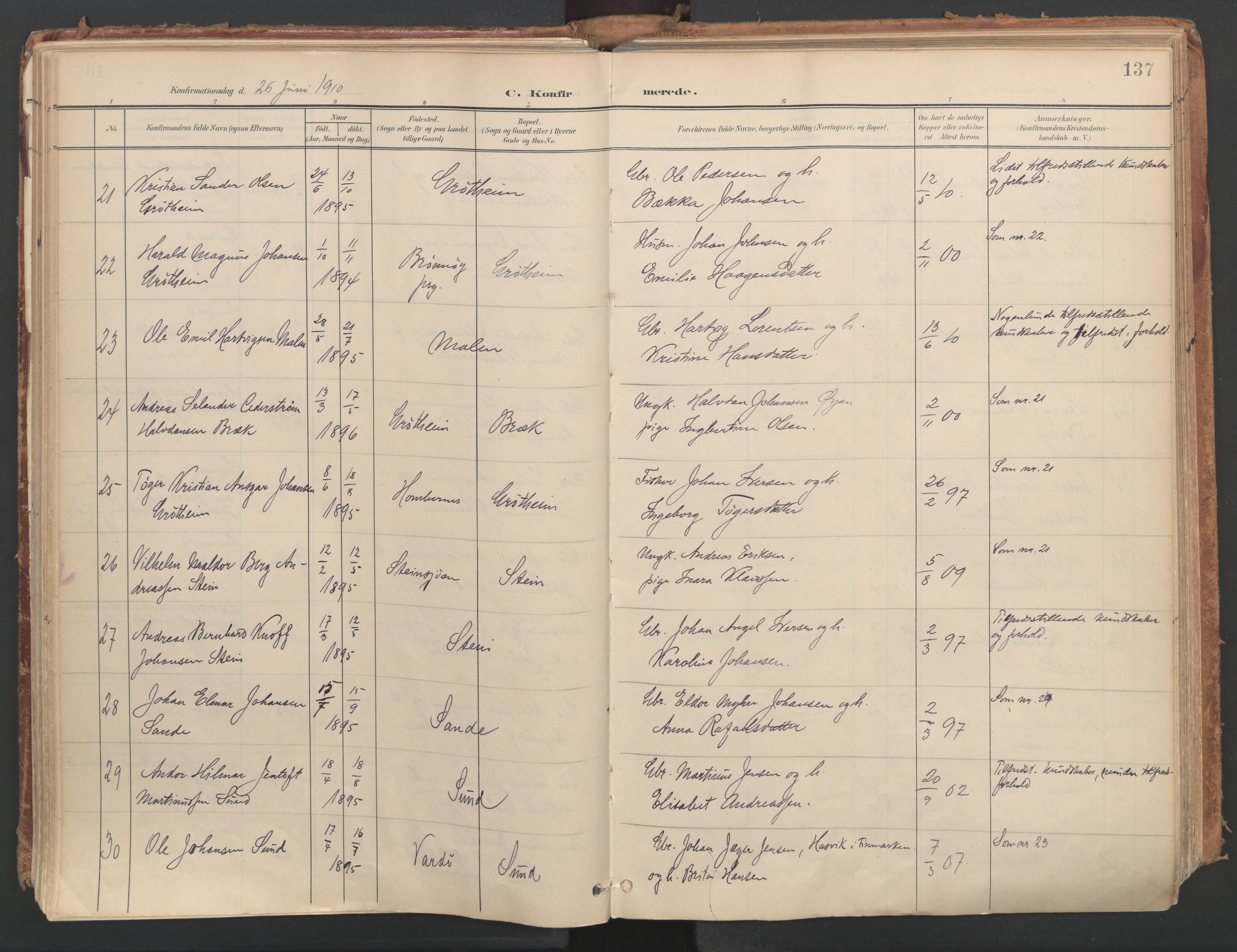 Ministerialprotokoller, klokkerbøker og fødselsregistre - Nordland, AV/SAT-A-1459/812/L0180: Parish register (official) no. 812A09, 1901-1915, p. 137