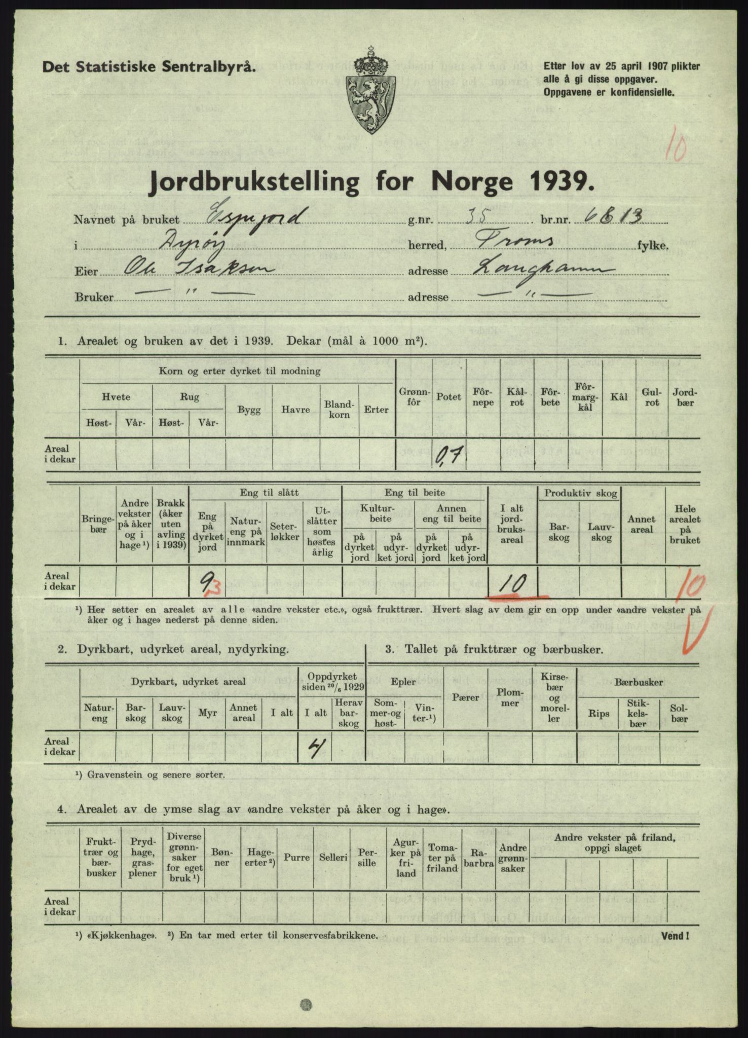 Statistisk sentralbyrå, Næringsøkonomiske emner, Jordbruk, skogbruk, jakt, fiske og fangst, AV/RA-S-2234/G/Gb/L0340: Troms: Salangen og Dyrøy, 1939, p. 868