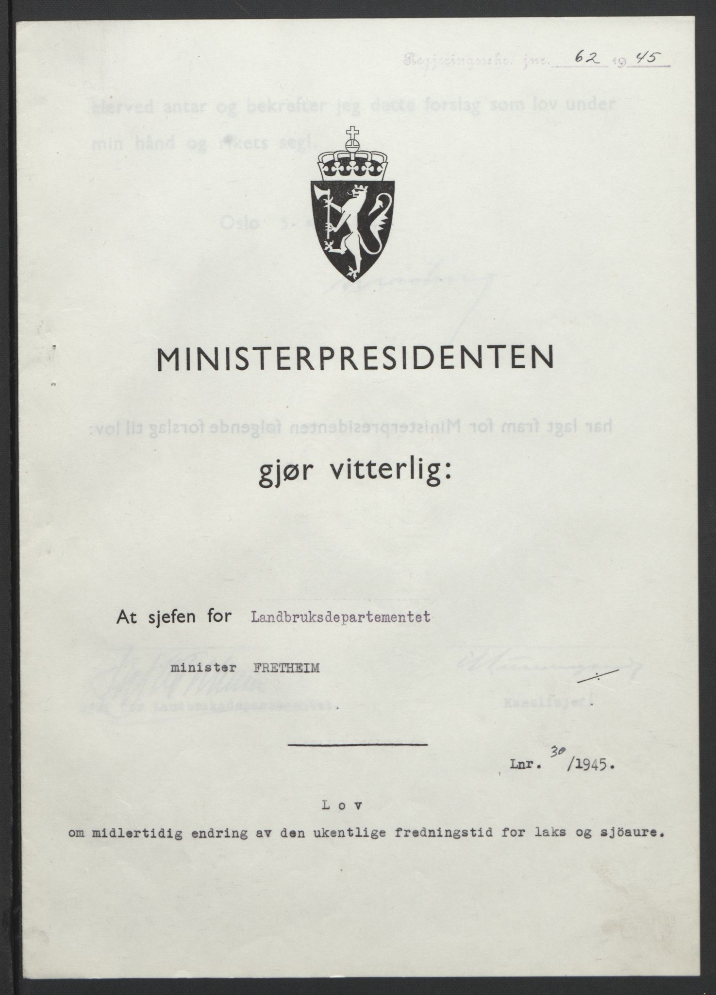 NS-administrasjonen 1940-1945 (Statsrådsekretariatet, de kommisariske statsråder mm), RA/S-4279/D/Db/L0101/0001: -- / Lover og vedtak, 1945, p. 125