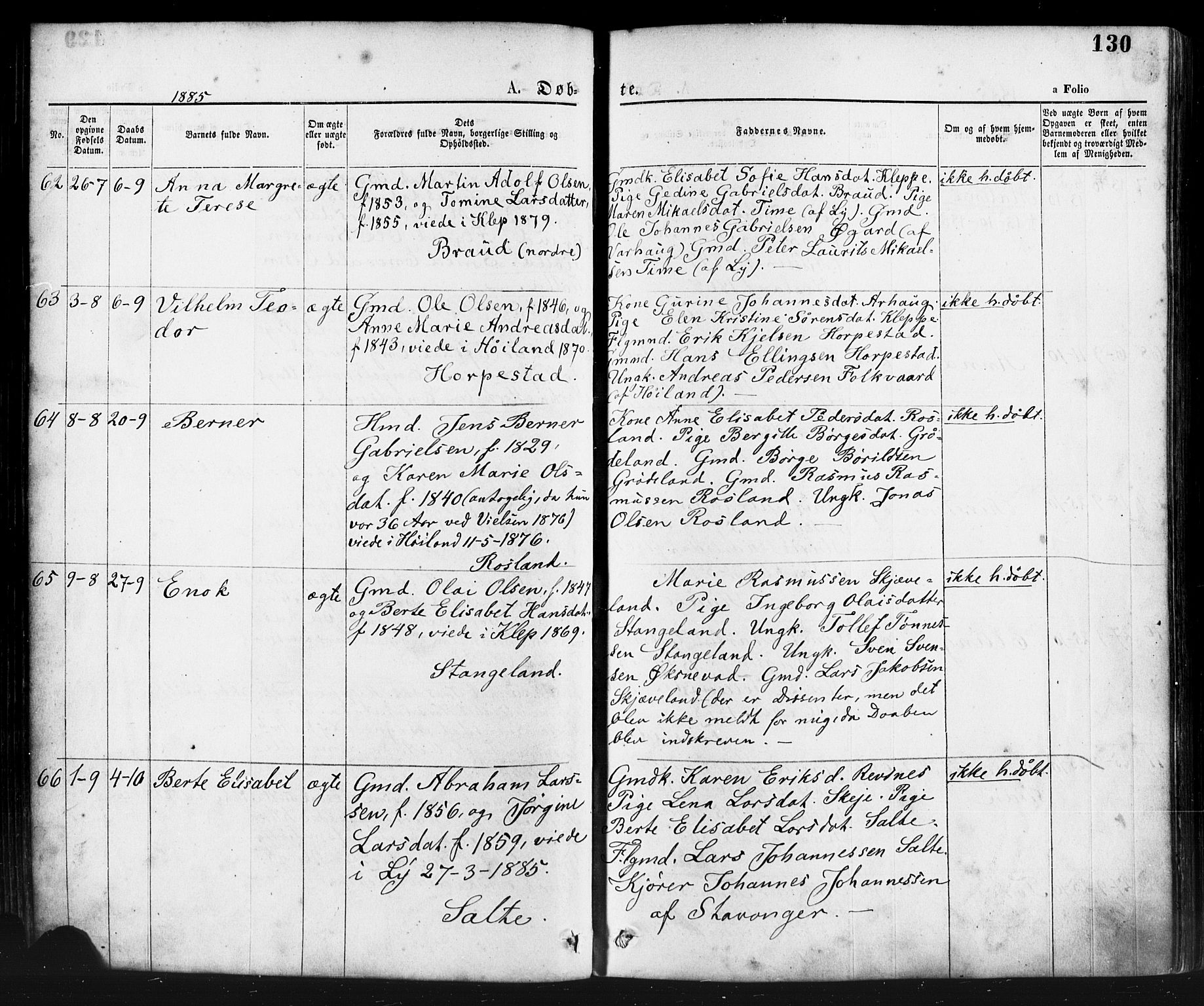 Klepp sokneprestkontor, AV/SAST-A-101803/001/3/30BA/L0006: Parish register (official) no. A 6, 1871-1885, p. 130