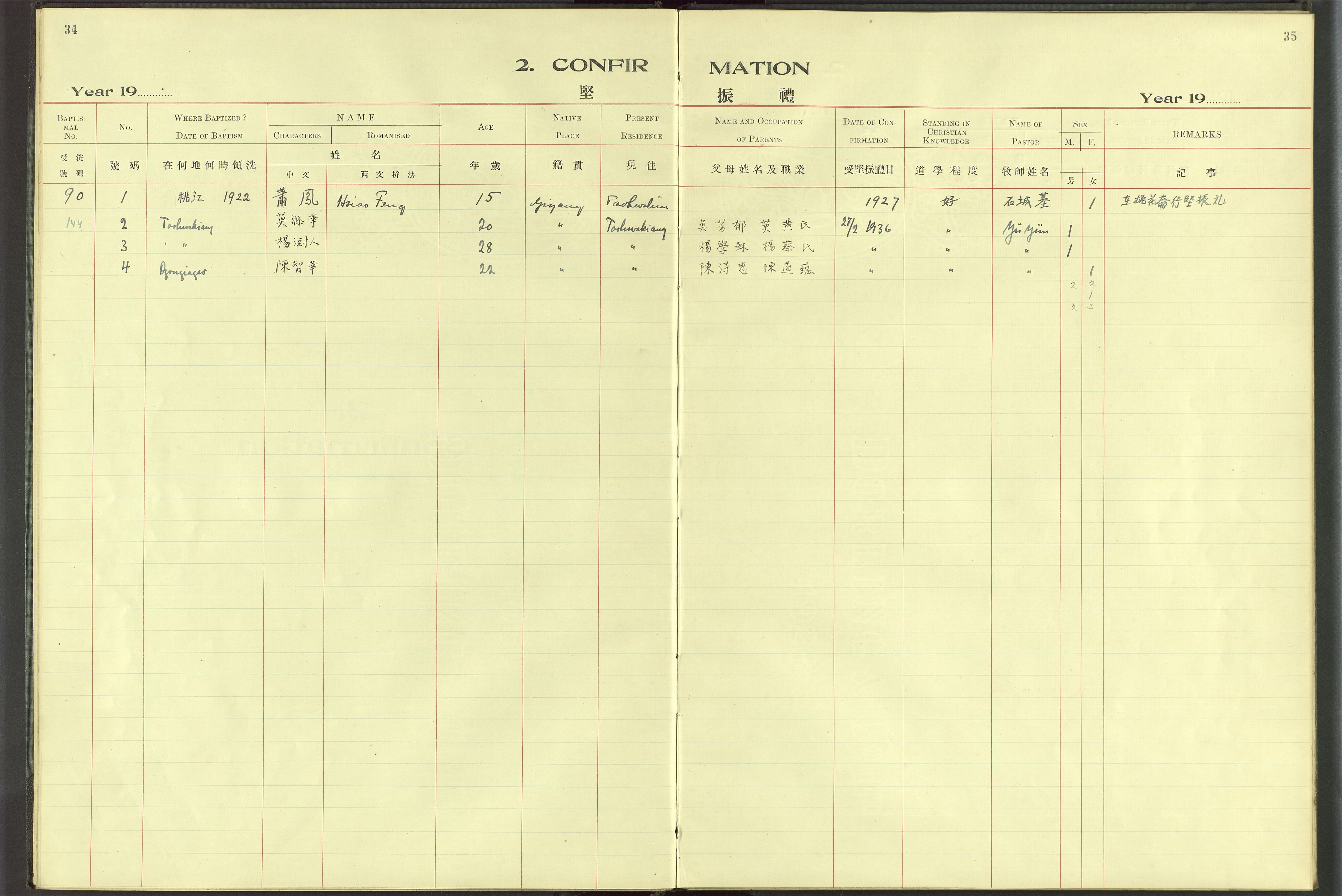 Det Norske Misjonsselskap - utland - Kina (Hunan), VID/MA-A-1065/Dm/L0070: Parish register (official) no. 108, 1909-1948, p. 34-35