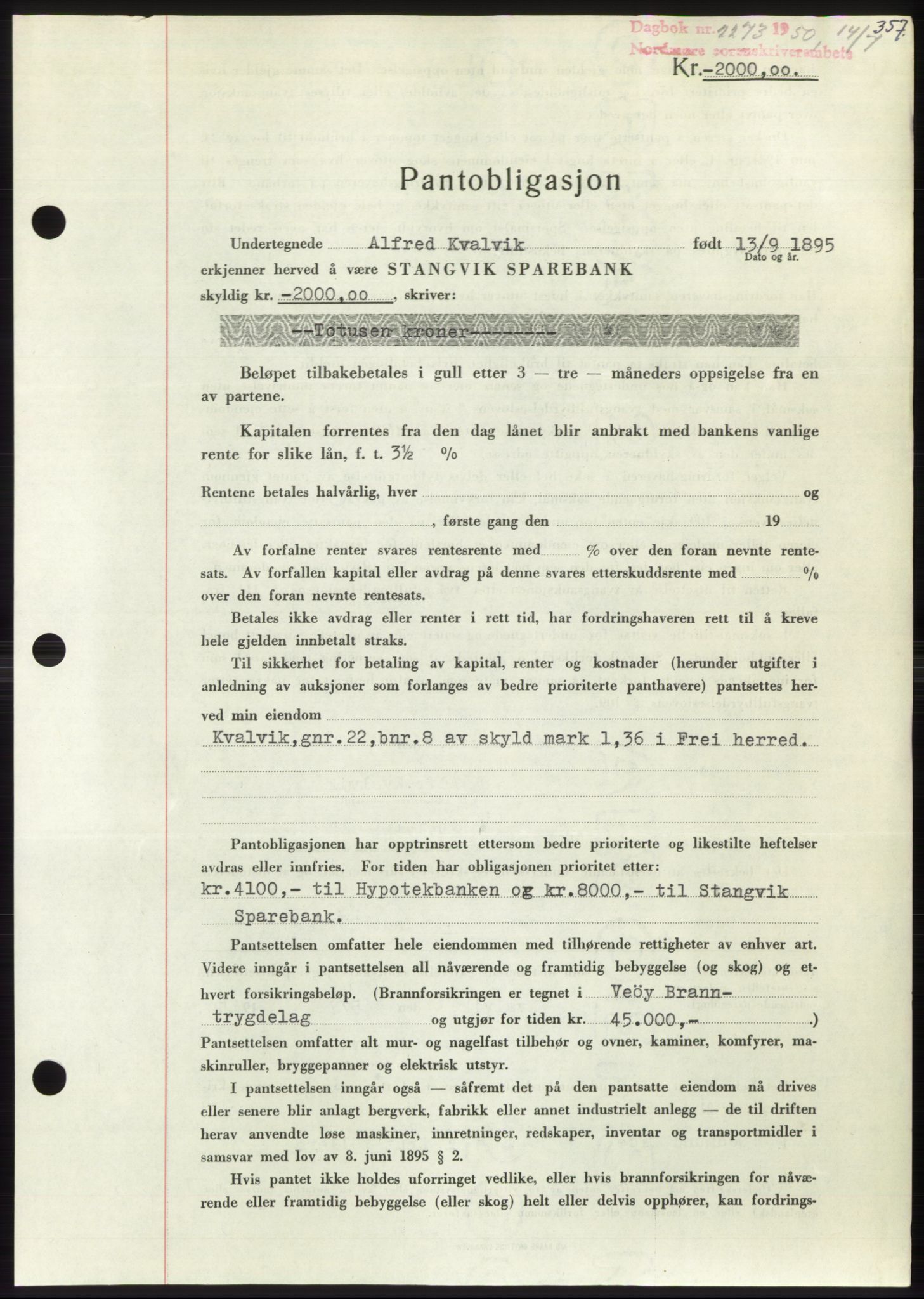 Nordmøre sorenskriveri, AV/SAT-A-4132/1/2/2Ca: Mortgage book no. B105, 1950-1950, Diary no: : 2273/1950