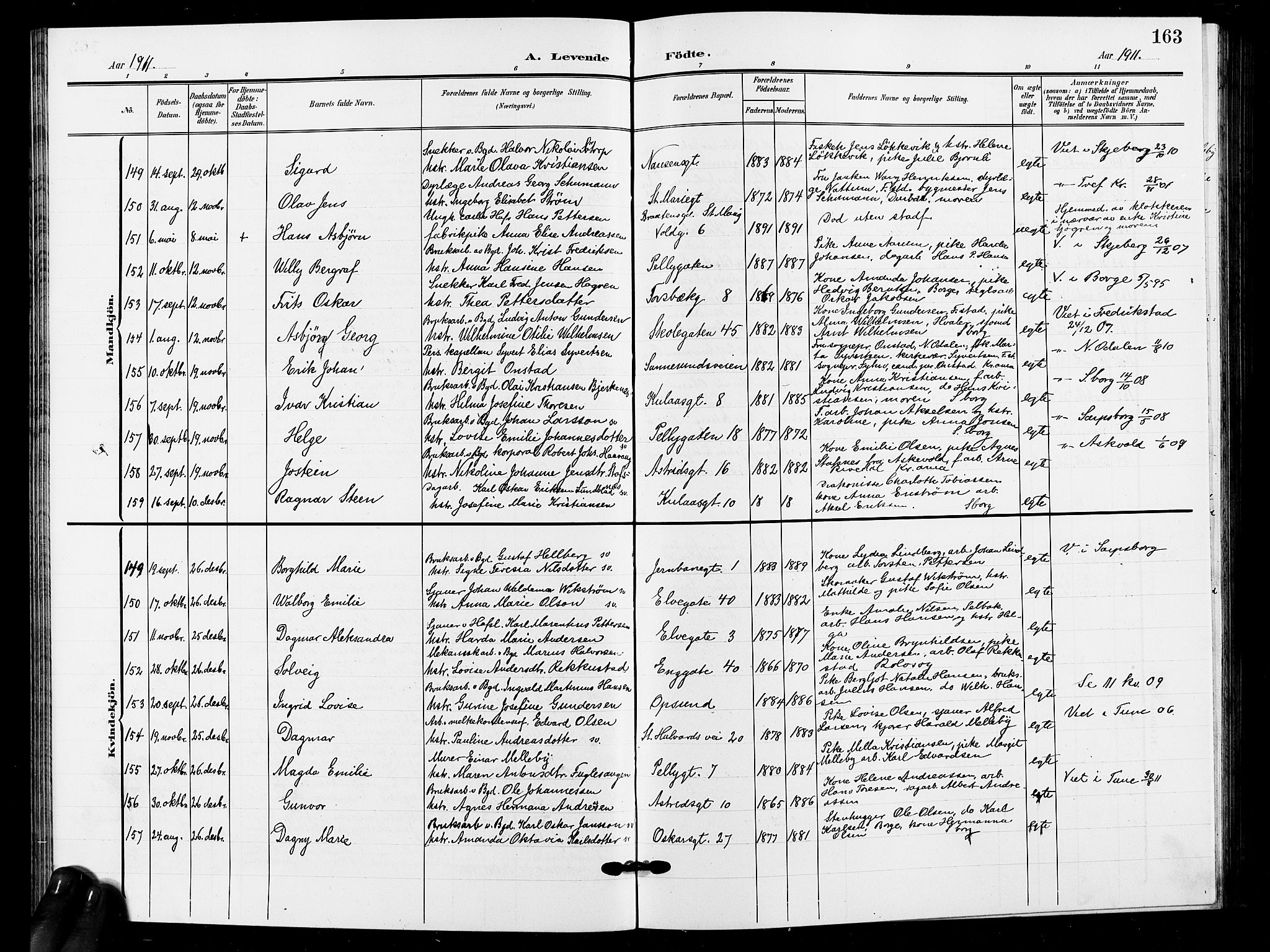 Sarpsborg prestekontor Kirkebøker, AV/SAO-A-2006/G/Ga/L0001: Parish register (copy) no. 1, 1902-1911, p. 163