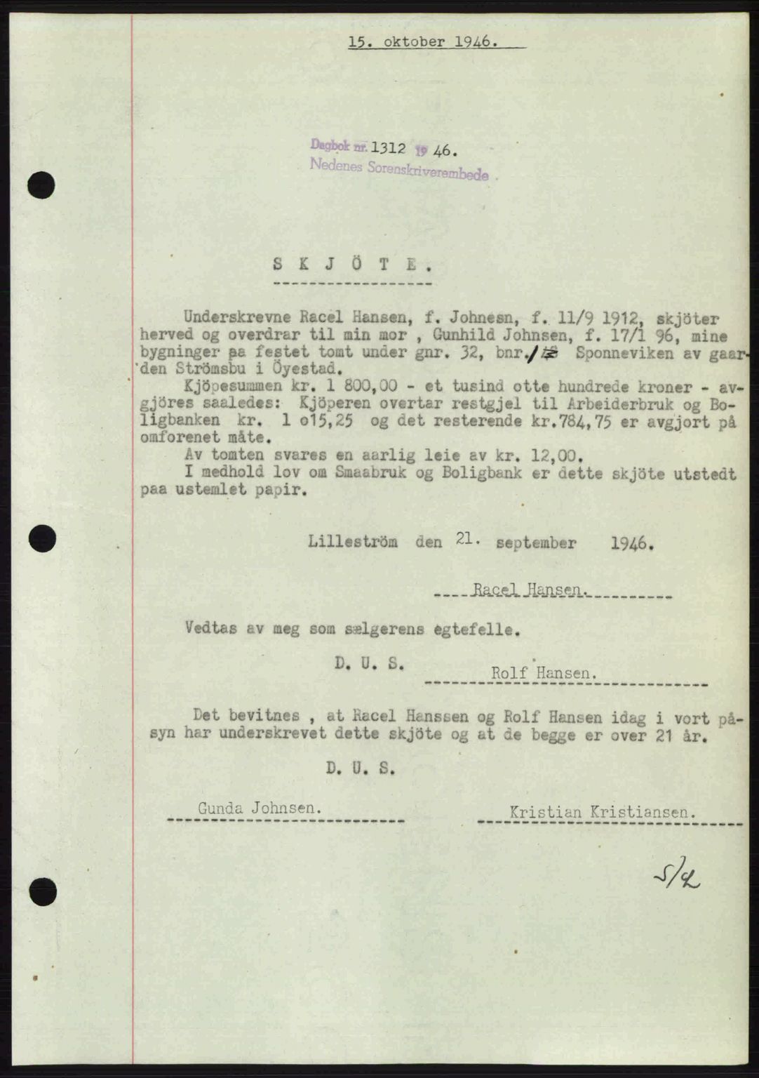 Nedenes sorenskriveri, AV/SAK-1221-0006/G/Gb/Gba/L0056: Mortgage book no. A8, 1946-1947, Diary no: : 1312/1946