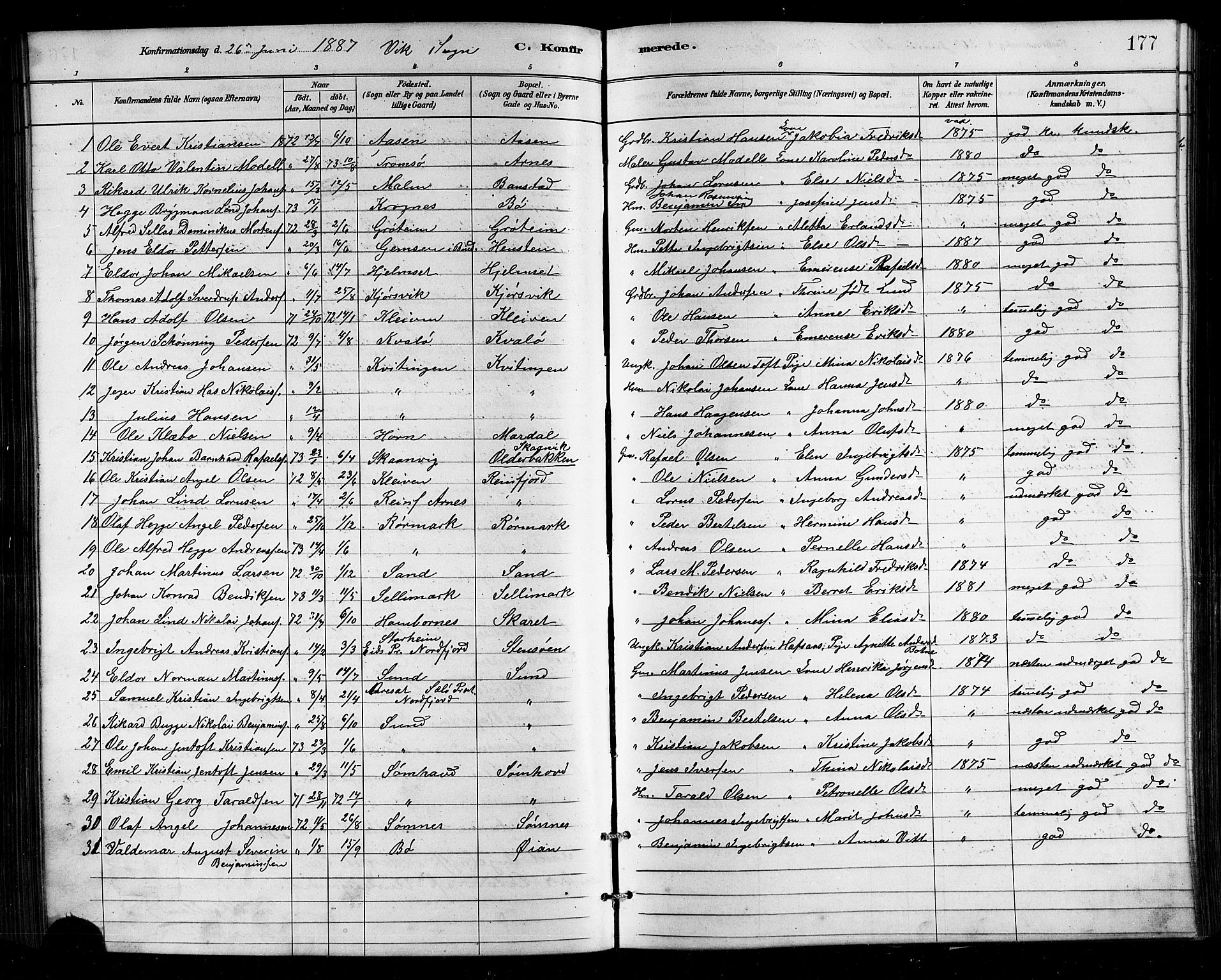 Ministerialprotokoller, klokkerbøker og fødselsregistre - Nordland, AV/SAT-A-1459/812/L0188: Parish register (copy) no. 812C06, 1884-1912, p. 177