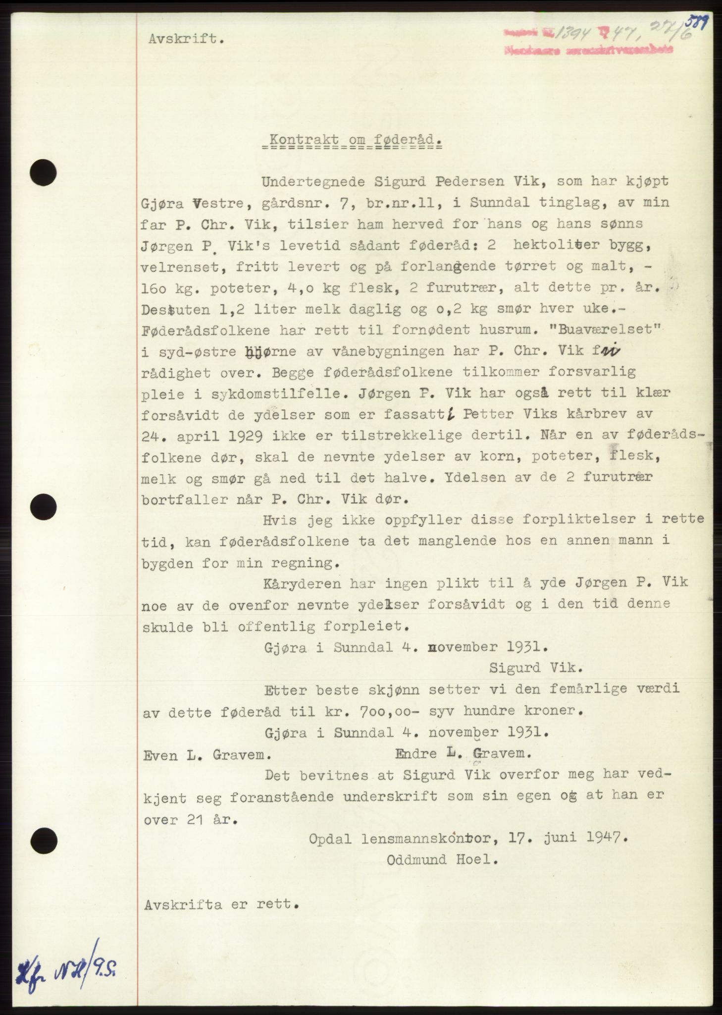 Nordmøre sorenskriveri, AV/SAT-A-4132/1/2/2Ca: Mortgage book no. B96, 1947-1947, Diary no: : 1394/1947