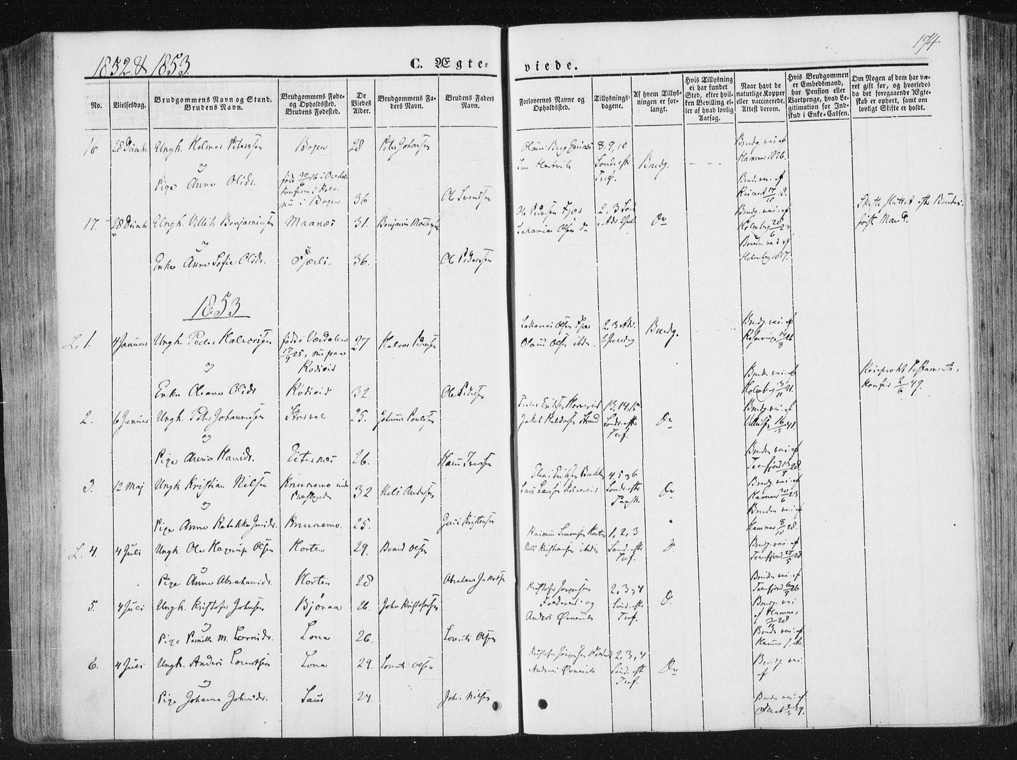 Ministerialprotokoller, klokkerbøker og fødselsregistre - Nord-Trøndelag, SAT/A-1458/780/L0640: Parish register (official) no. 780A05, 1845-1856, p. 174