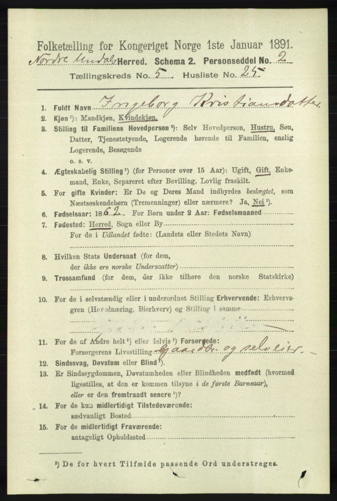 RA, 1891 census for 1028 Nord-Audnedal, 1891, p. 1324
