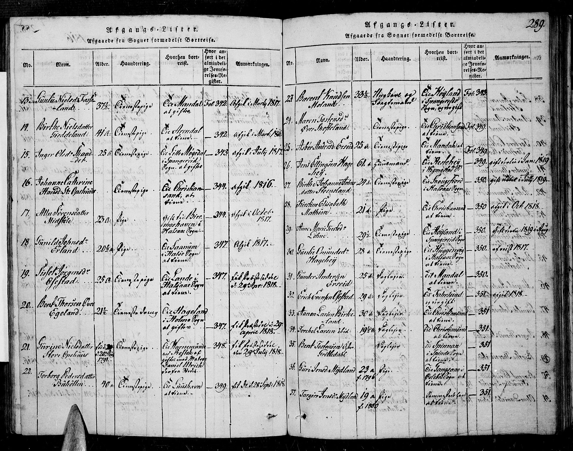 Sør-Audnedal sokneprestkontor, AV/SAK-1111-0039/F/Fa/Fab/L0005: Parish register (official) no. A 5, 1816-1830, p. 289