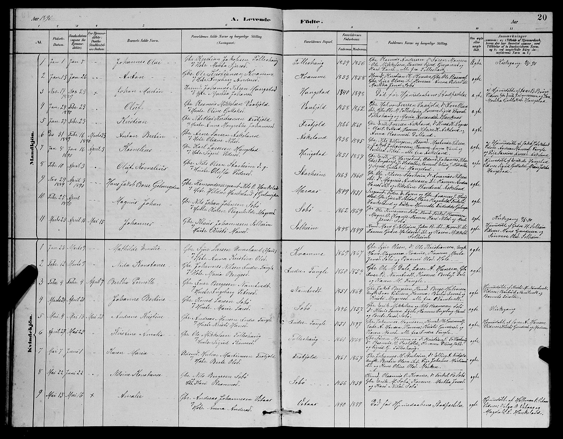 Manger sokneprestembete, AV/SAB-A-76801/H/Hab: Parish register (copy) no. D 2, 1883-1894, p. 20