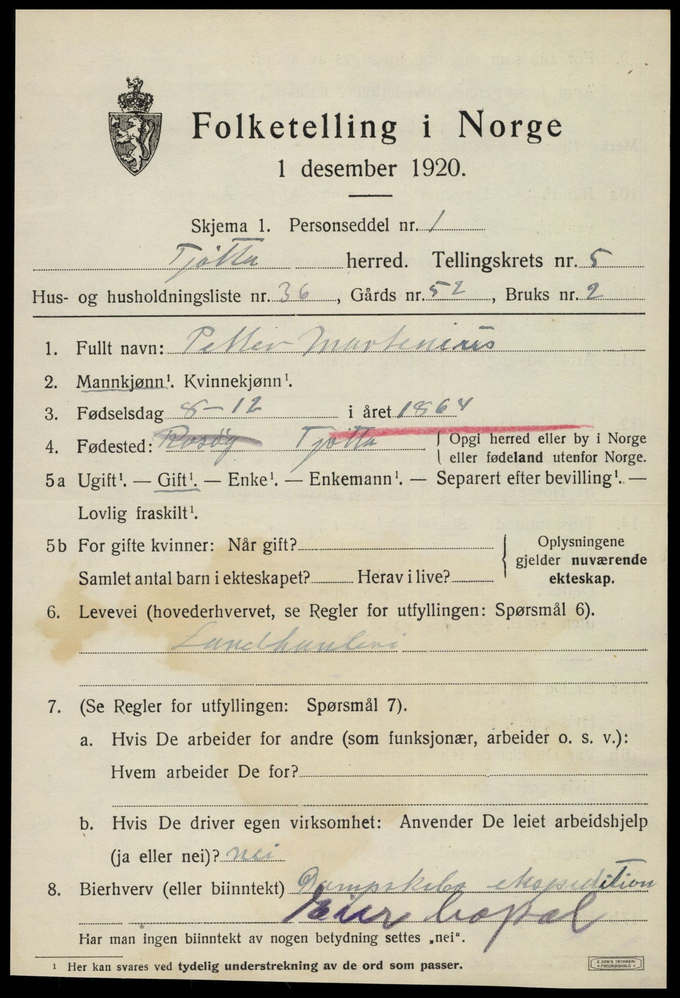 SAT, 1920 census for Tjøtta, 1920, p. 2409