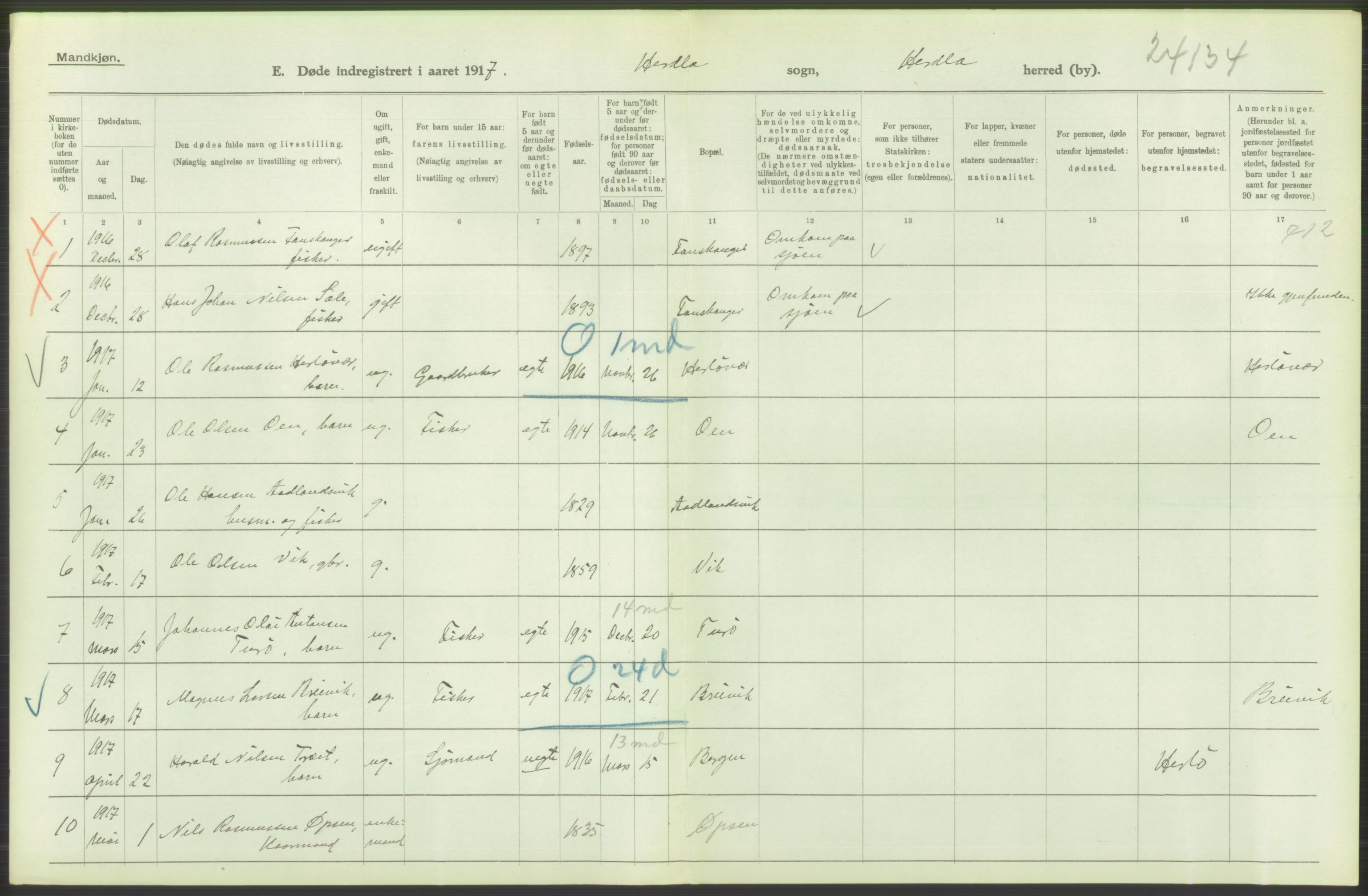 Statistisk sentralbyrå, Sosiodemografiske emner, Befolkning, RA/S-2228/D/Df/Dfb/Dfbg/L0036: S. Bergenhus amt: Døde, dødfødte. Bygder., 1917, p. 584