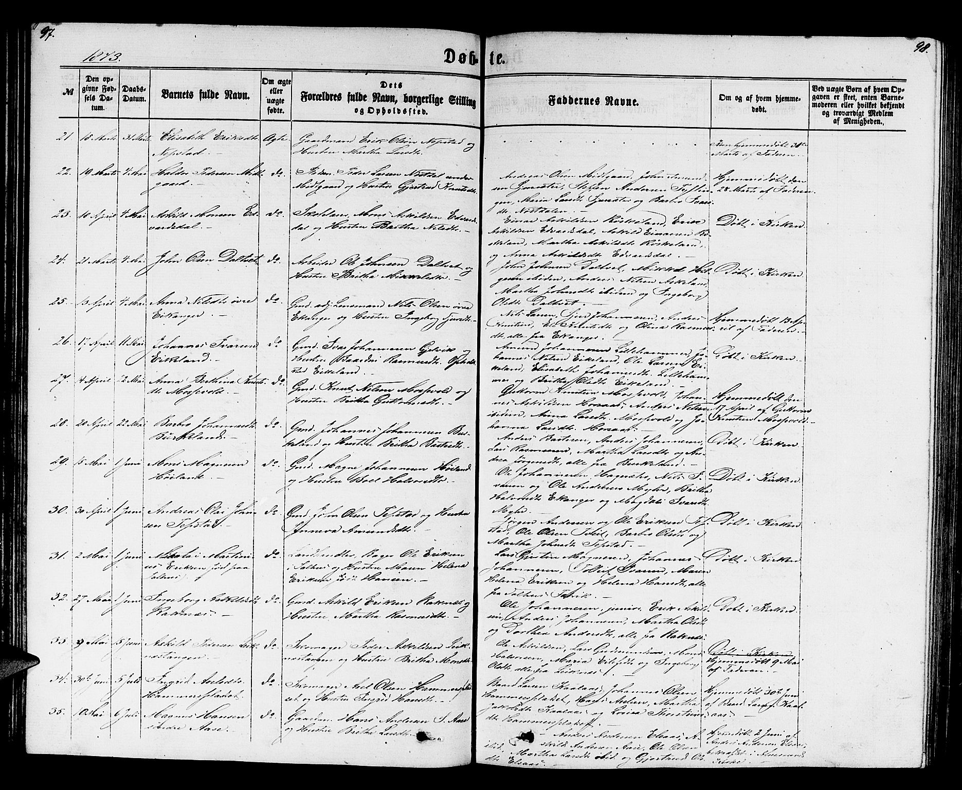 Hamre sokneprestembete, SAB/A-75501/H/Ha/Hab: Parish register (copy) no. B 2, 1863-1880, p. 97-98