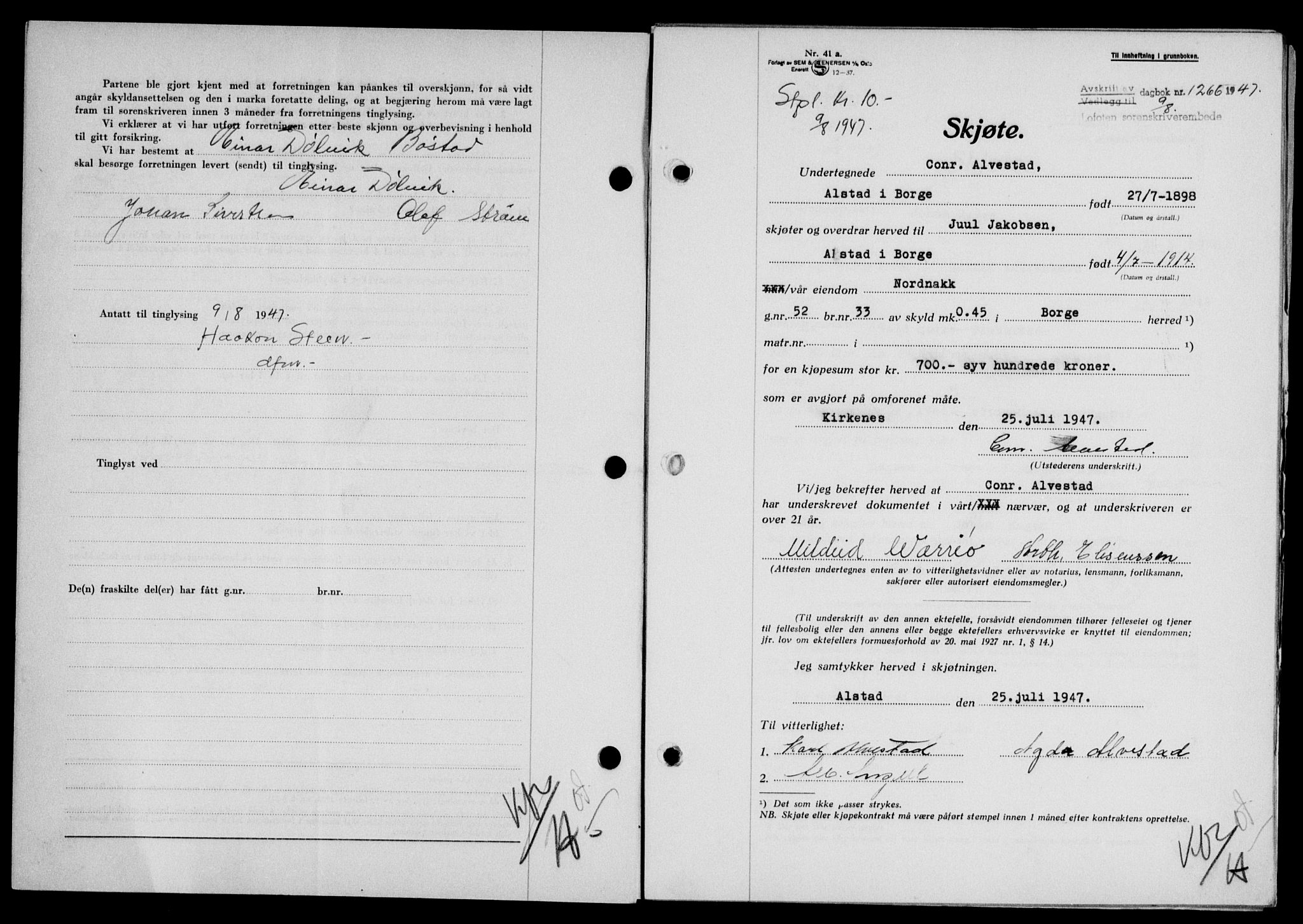 Lofoten sorenskriveri, SAT/A-0017/1/2/2C/L0016a: Mortgage book no. 16a, 1947-1947, Diary no: : 1266/1947