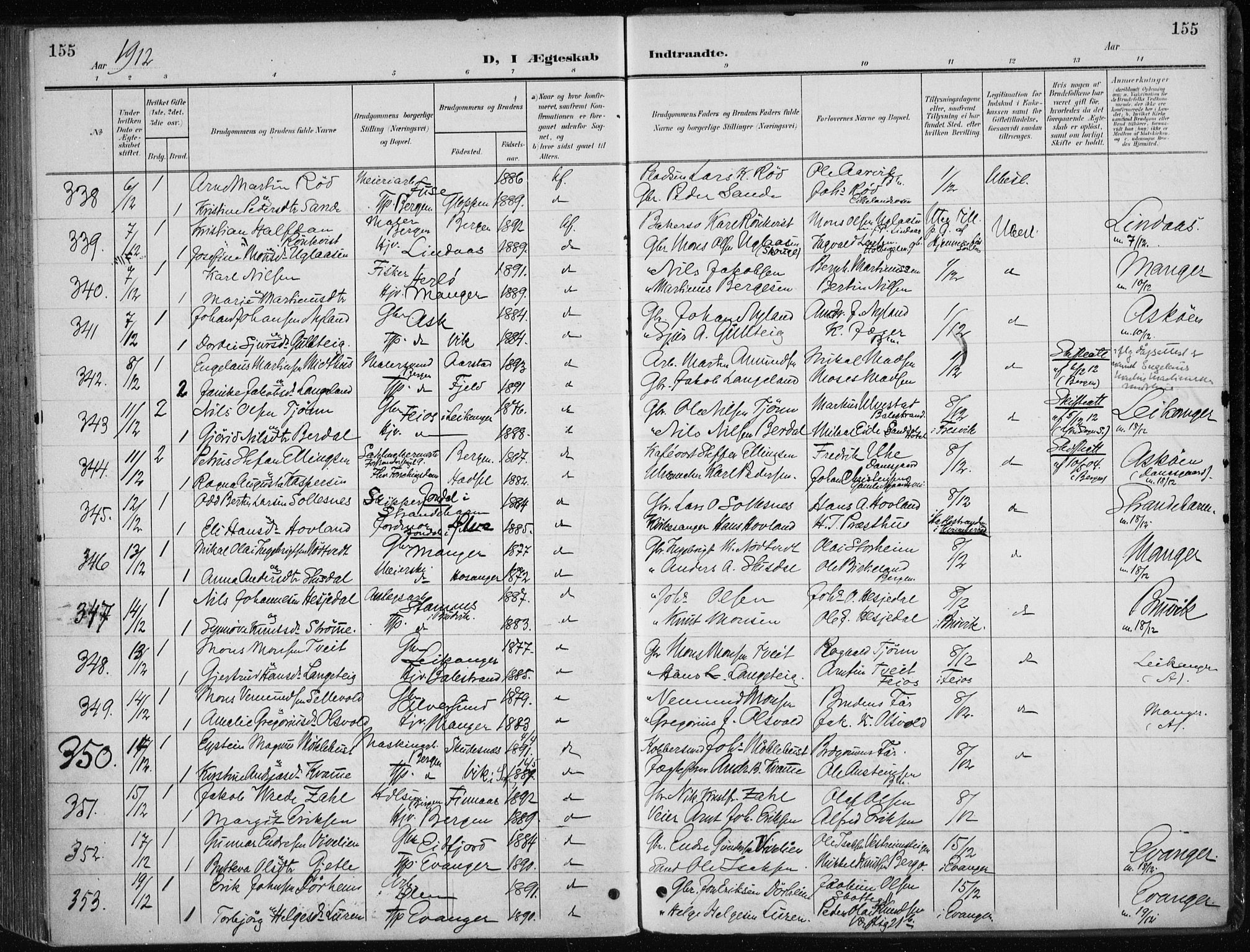 Nykirken Sokneprestembete, SAB/A-77101/H/Haa/L0035: Parish register (official) no. D 5, 1905-1913, p. 155