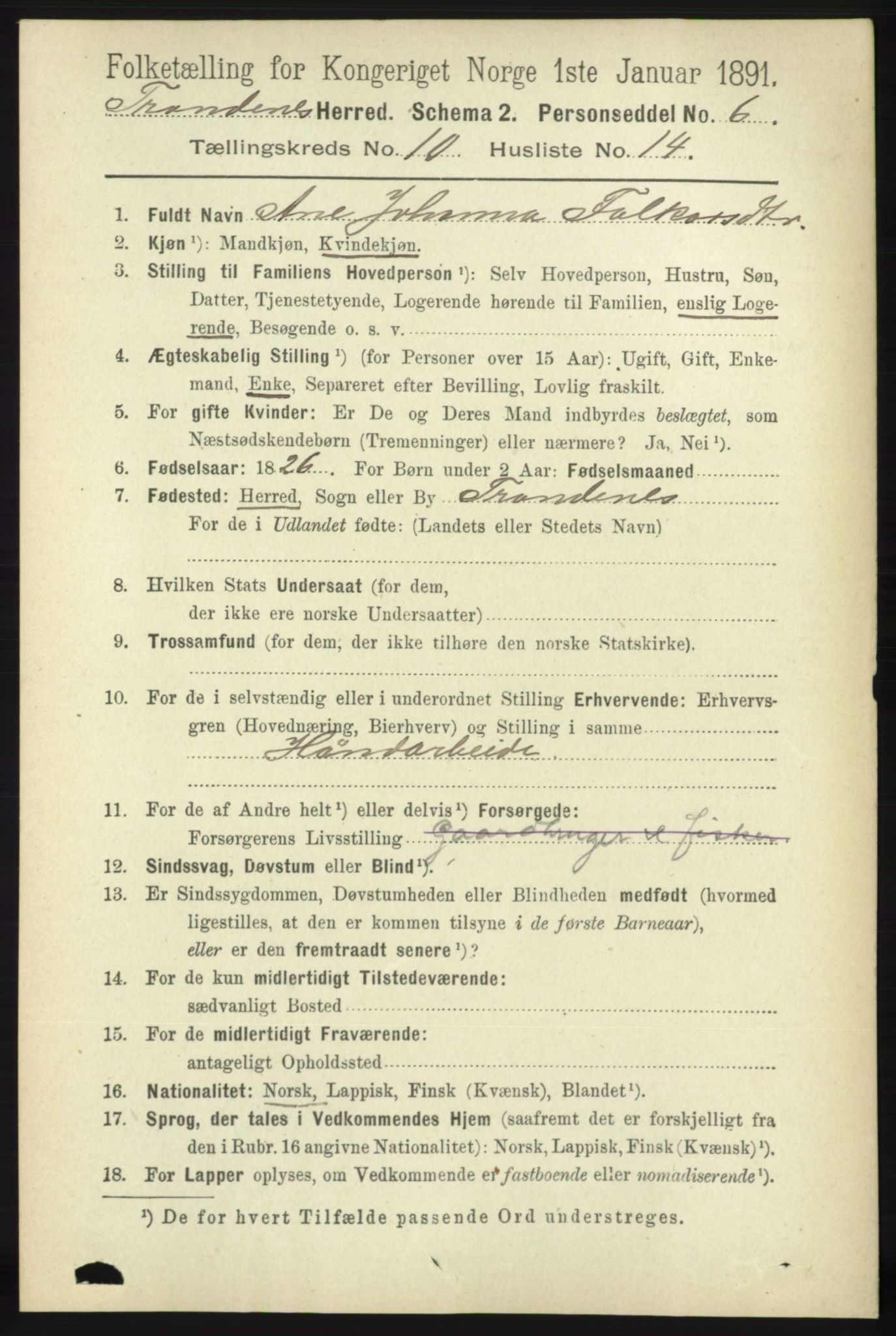 RA, 1891 census for 1914 Trondenes, 1891, p. 7597