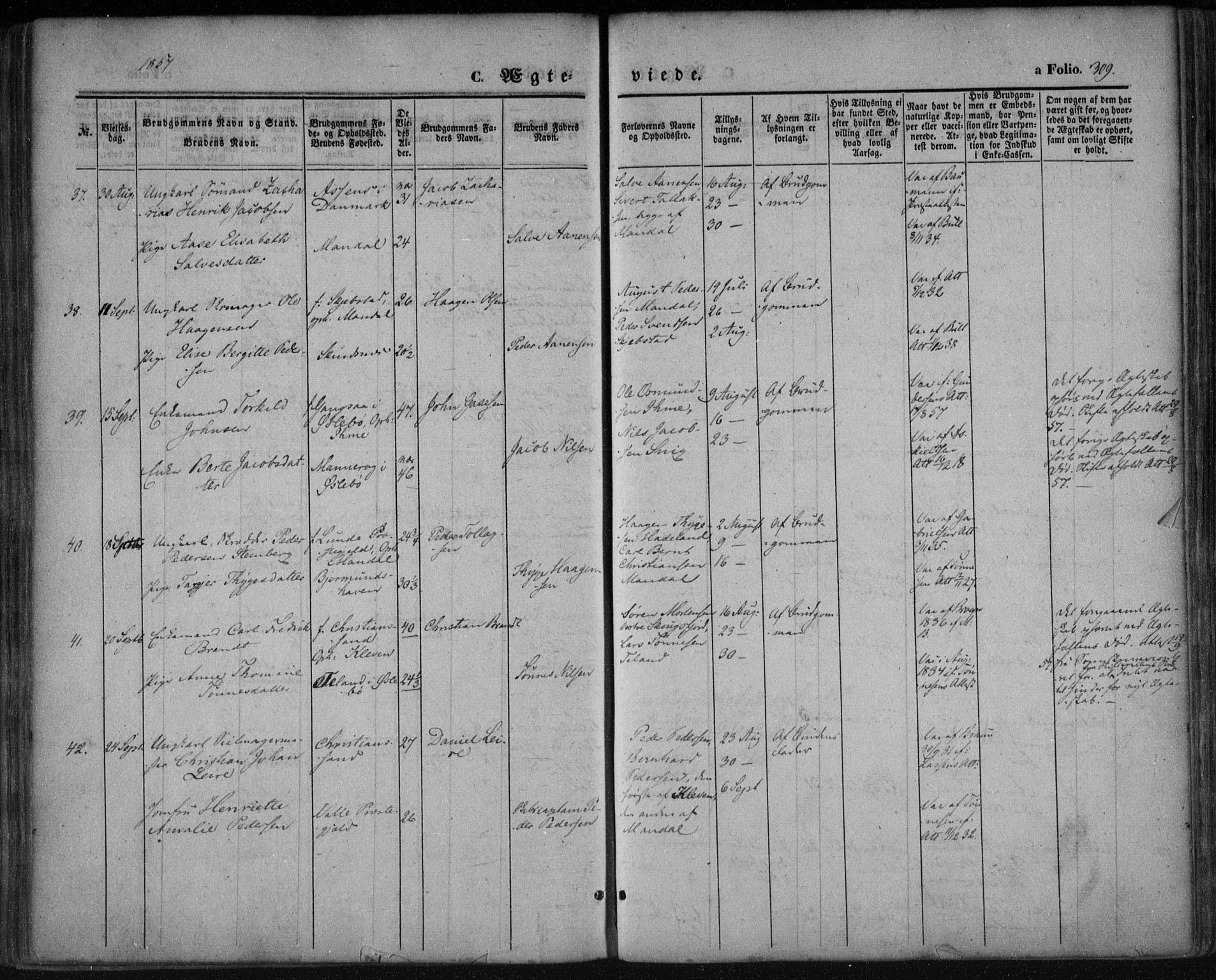 Mandal sokneprestkontor, AV/SAK-1111-0030/F/Fa/Faa/L0013: Parish register (official) no. A 13, 1847-1859, p. 309