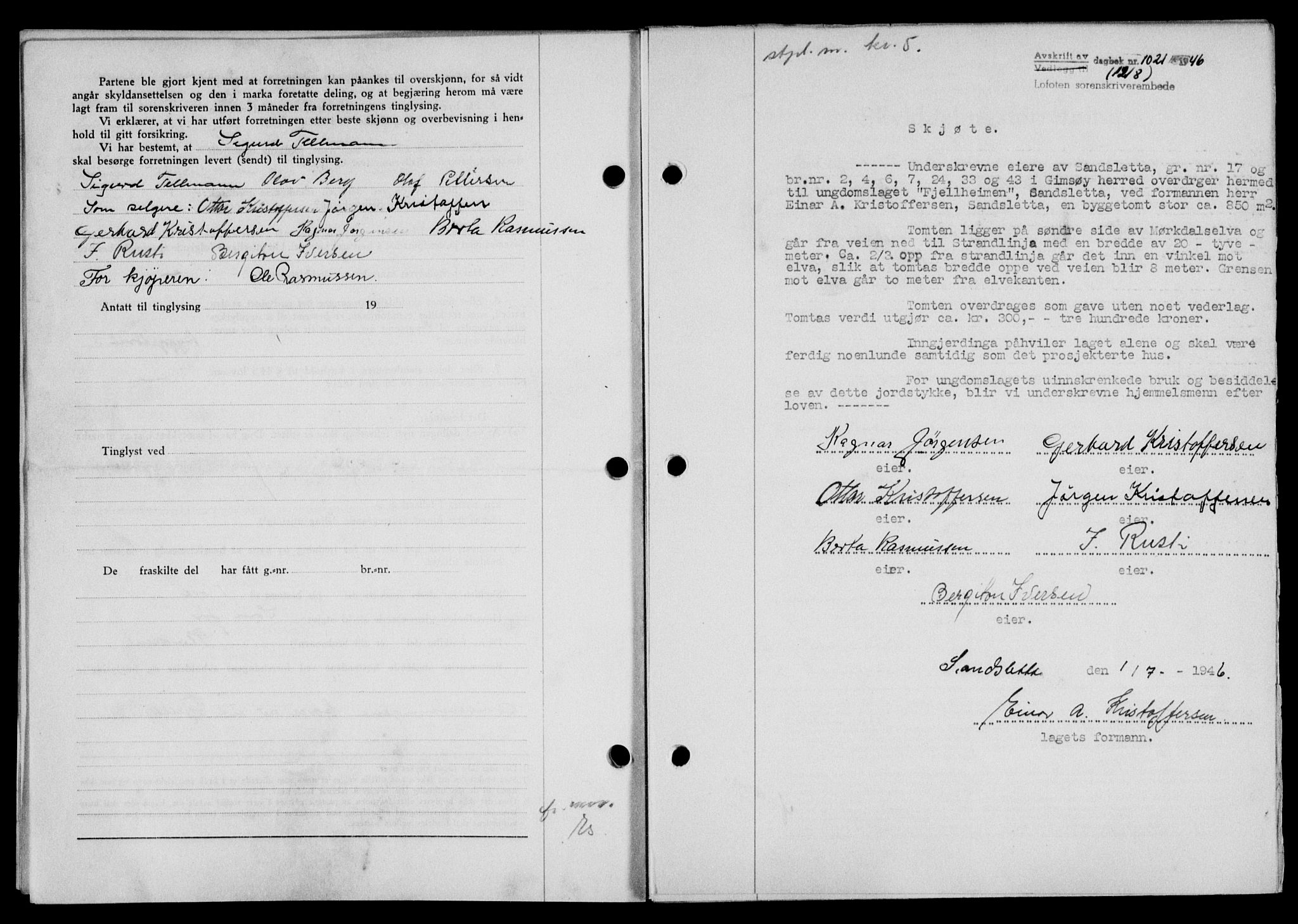 Lofoten sorenskriveri, SAT/A-0017/1/2/2C/L0014a: Mortgage book no. 14a, 1946-1946, Diary no: : 1021/1946