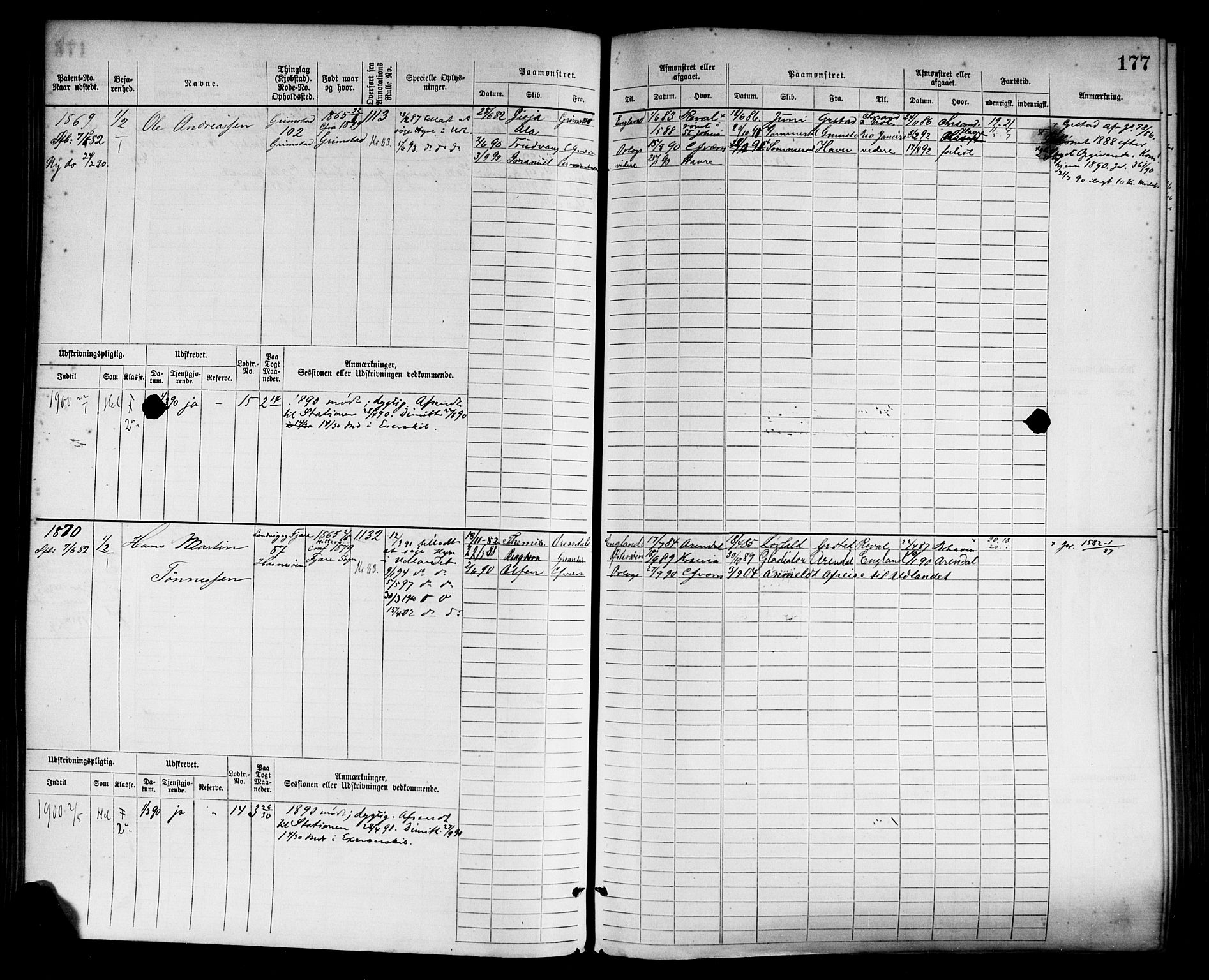 Grimstad mønstringskrets, AV/SAK-2031-0013/F/Fb/L0003: Hovedrulle nr 1517-2276, F-6, 1877-1888, p. 185