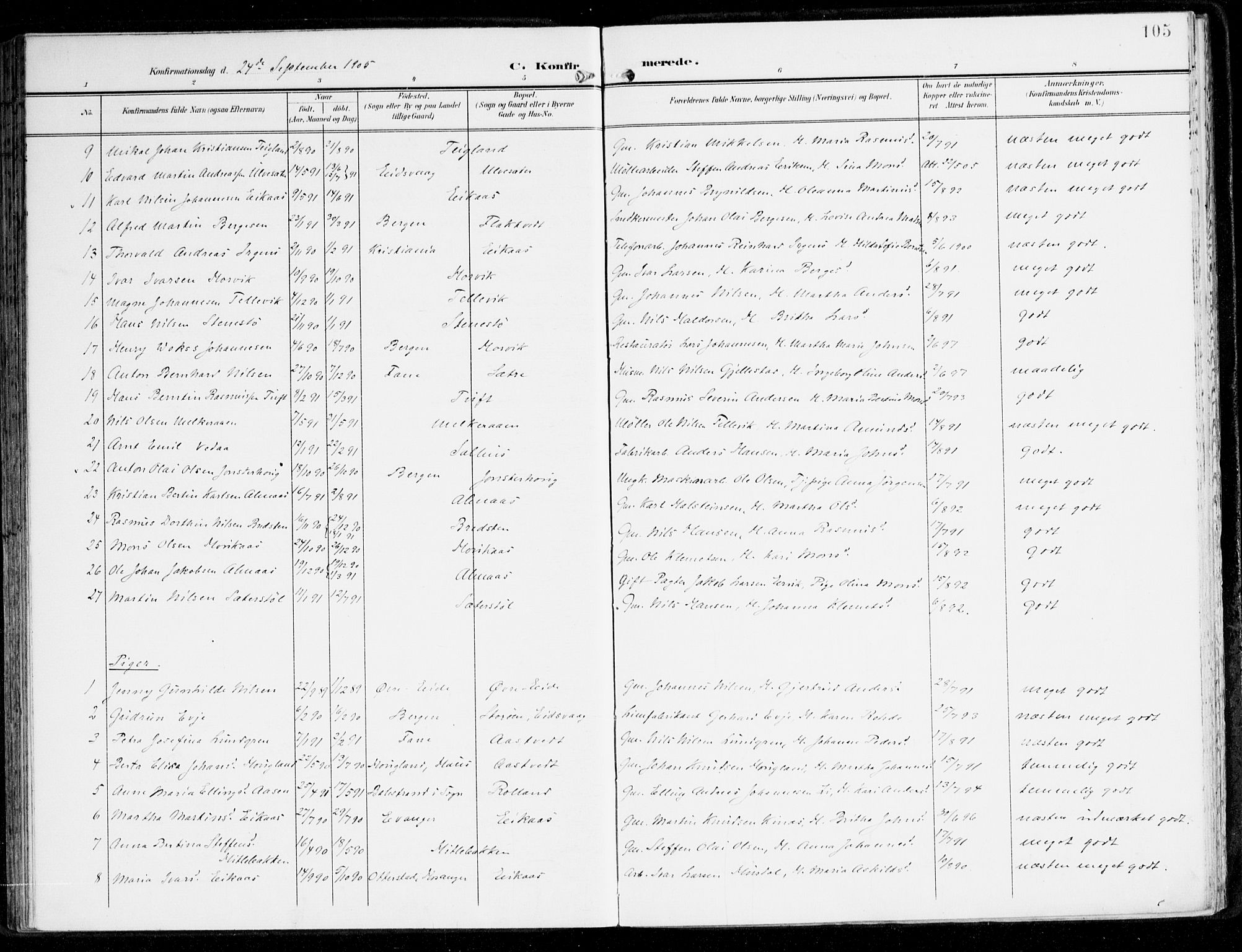 Hamre sokneprestembete, AV/SAB-A-75501/H/Ha/Haa/Haad/L0002: Parish register (official) no. D 2, 1899-1916, p. 105