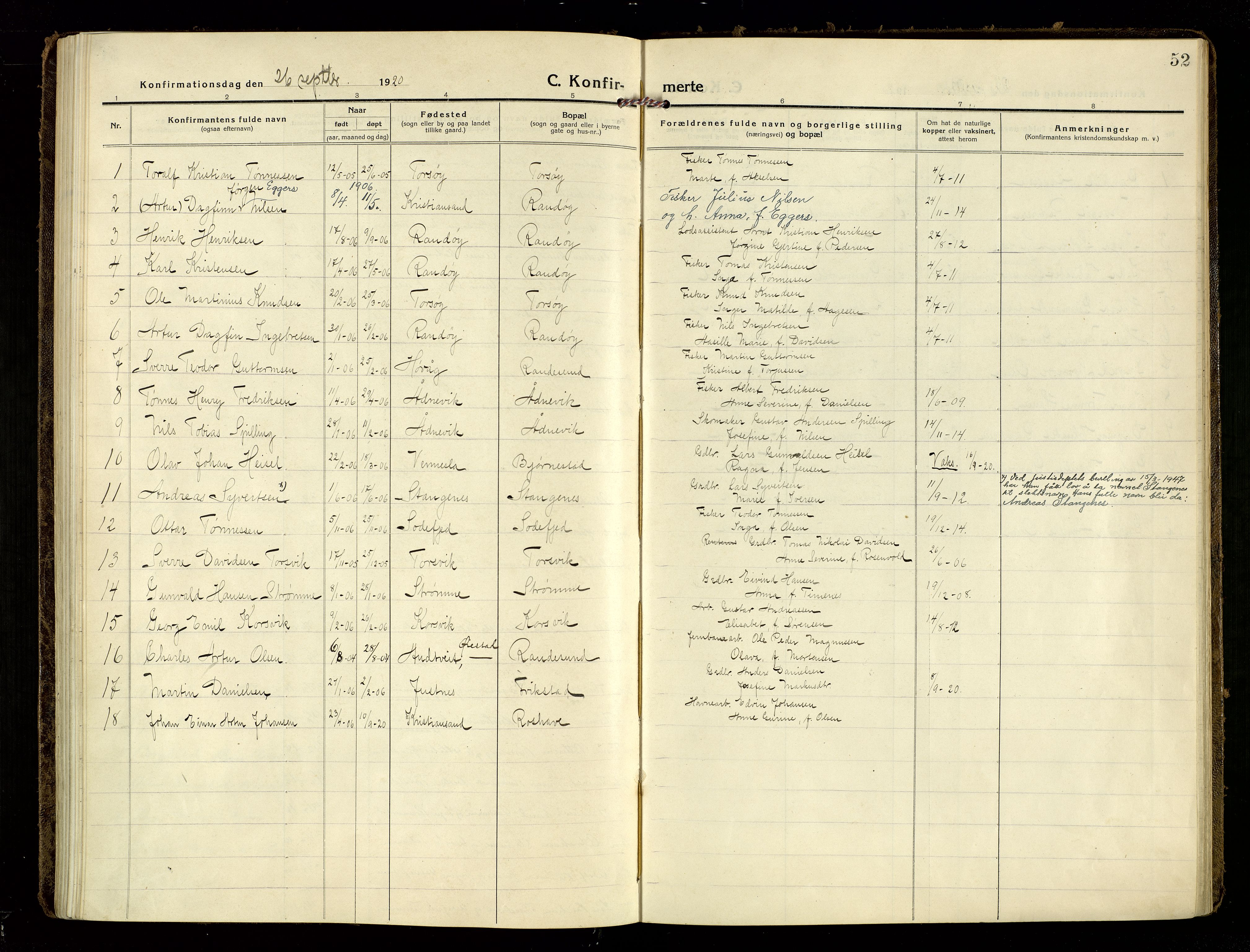 Oddernes sokneprestkontor, AV/SAK-1111-0033/F/Fa/Fab/L0004: Parish register (official) no. A 4, 1916-1935, p. 52