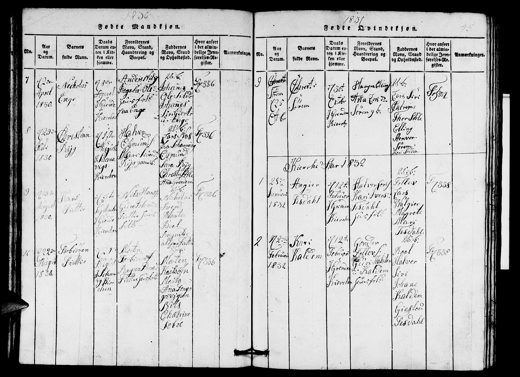 Etne sokneprestembete, SAB/A-75001/H/Hab: Parish register (copy) no. A 1, 1815-1849, p. 45