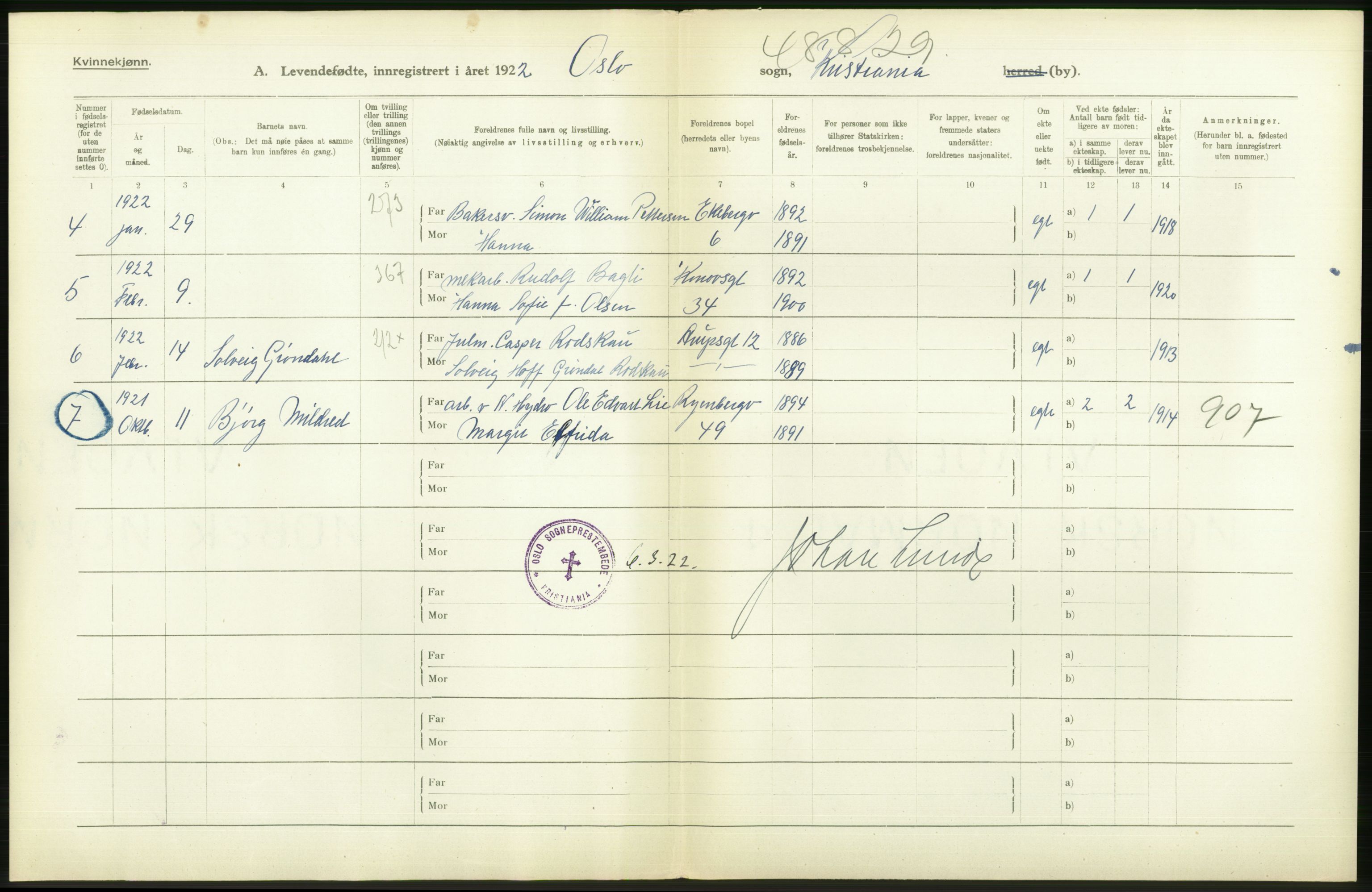 Statistisk sentralbyrå, Sosiodemografiske emner, Befolkning, AV/RA-S-2228/D/Df/Dfc/Dfcb/L0007: Kristiania: Levendefødte menn og kvinner., 1922, p. 28