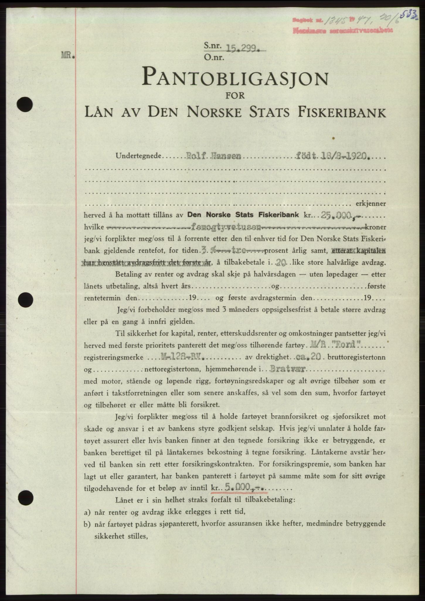 Nordmøre sorenskriveri, AV/SAT-A-4132/1/2/2Ca: Mortgage book no. B96, 1947-1947, Diary no: : 1345/1947