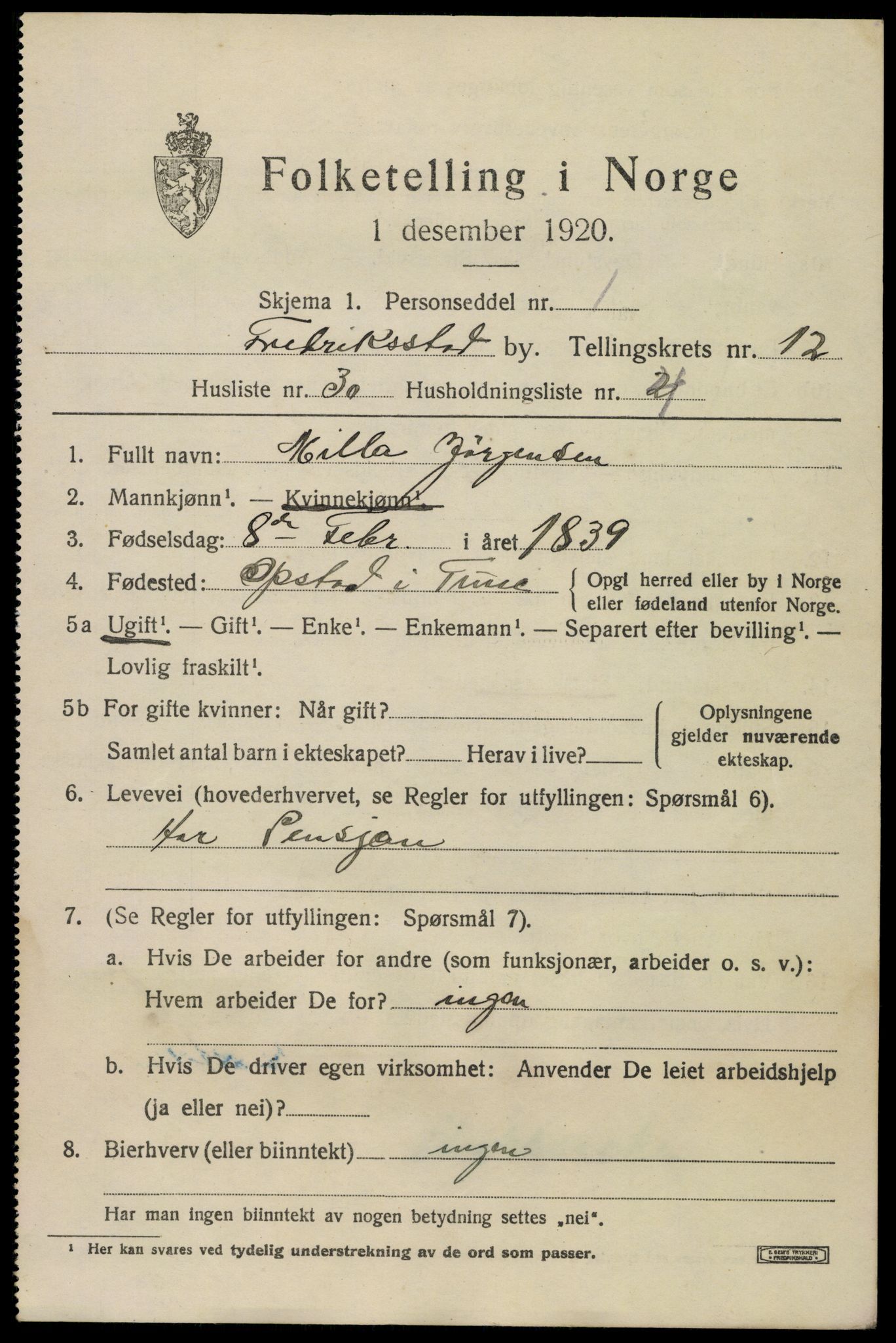 SAO, 1920 census for Fredrikstad, 1920, p. 31067