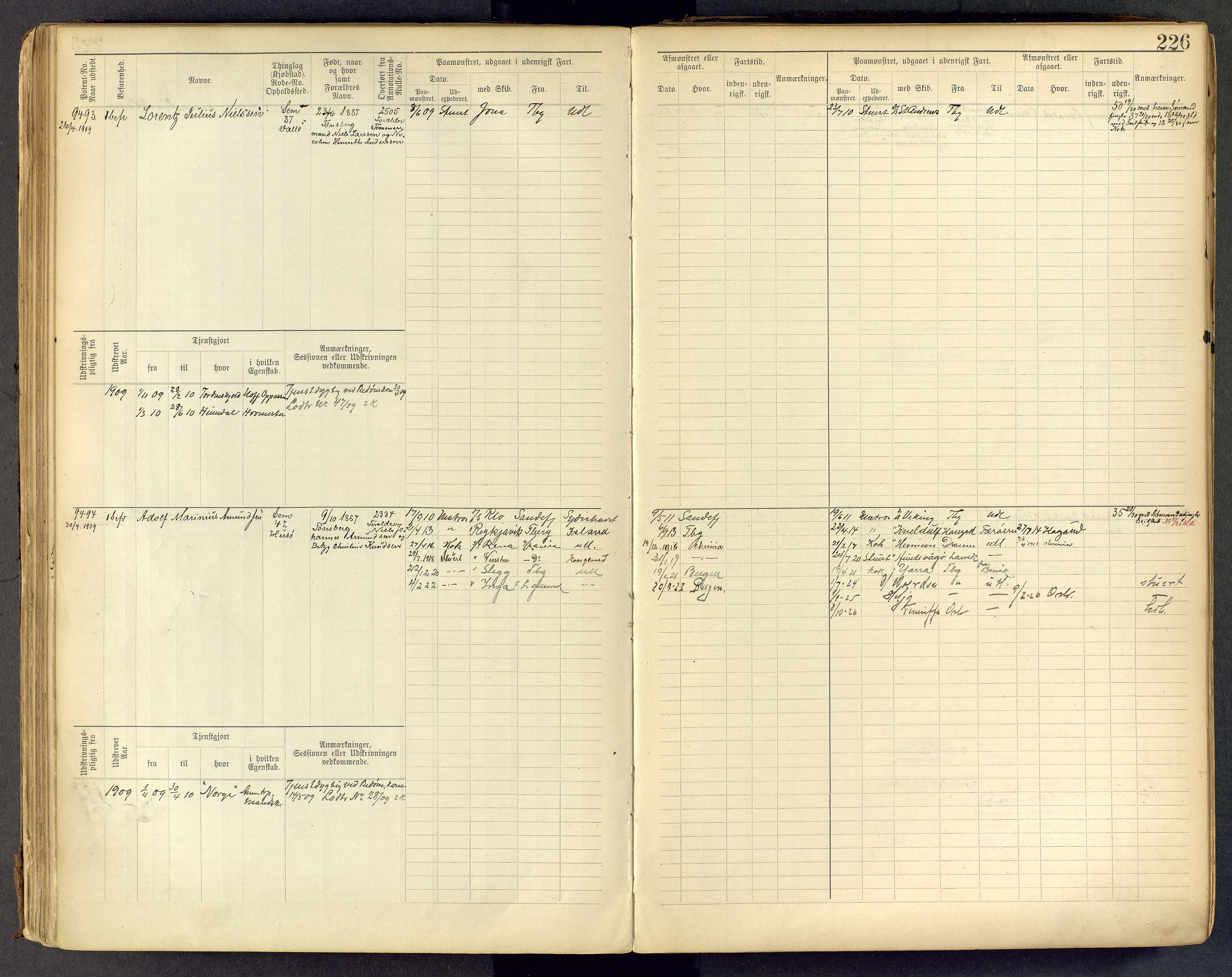 Tønsberg innrulleringskontor, AV/SAKO-A-786/F/Fc/Fcb/L0009: Hovedrulle Patent nr. 9043-9992, 1900-1921, p. 226