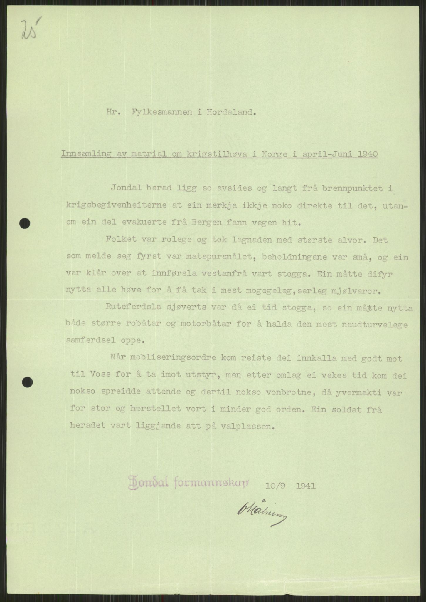 Forsvaret, Forsvarets krigshistoriske avdeling, AV/RA-RAFA-2017/Y/Ya/L0015: II-C-11-31 - Fylkesmenn.  Rapporter om krigsbegivenhetene 1940., 1940, p. 329