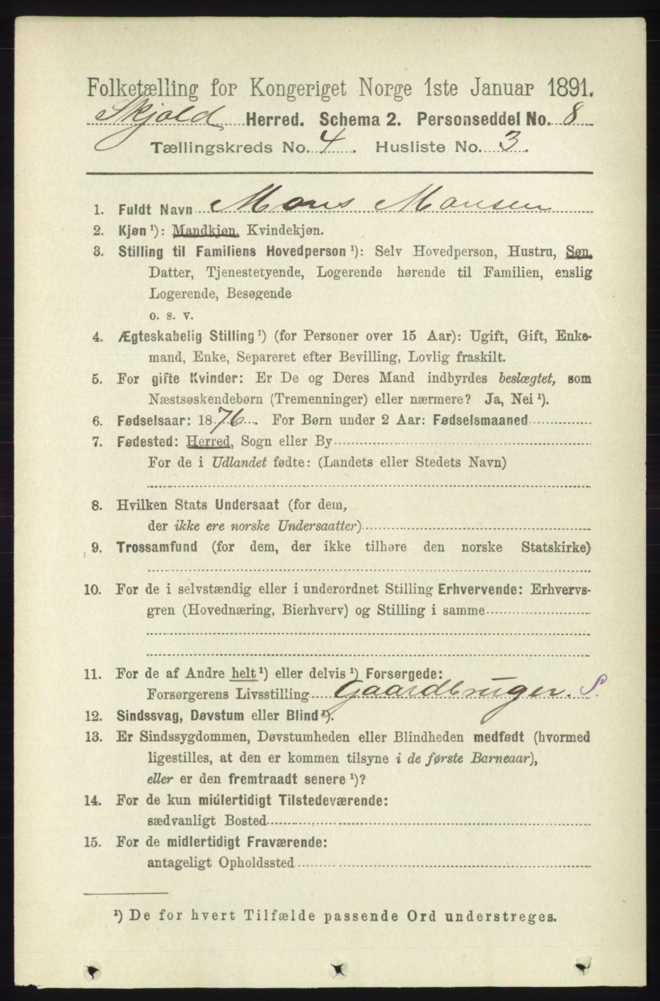 RA, 1891 census for 1154 Skjold, 1891, p. 566