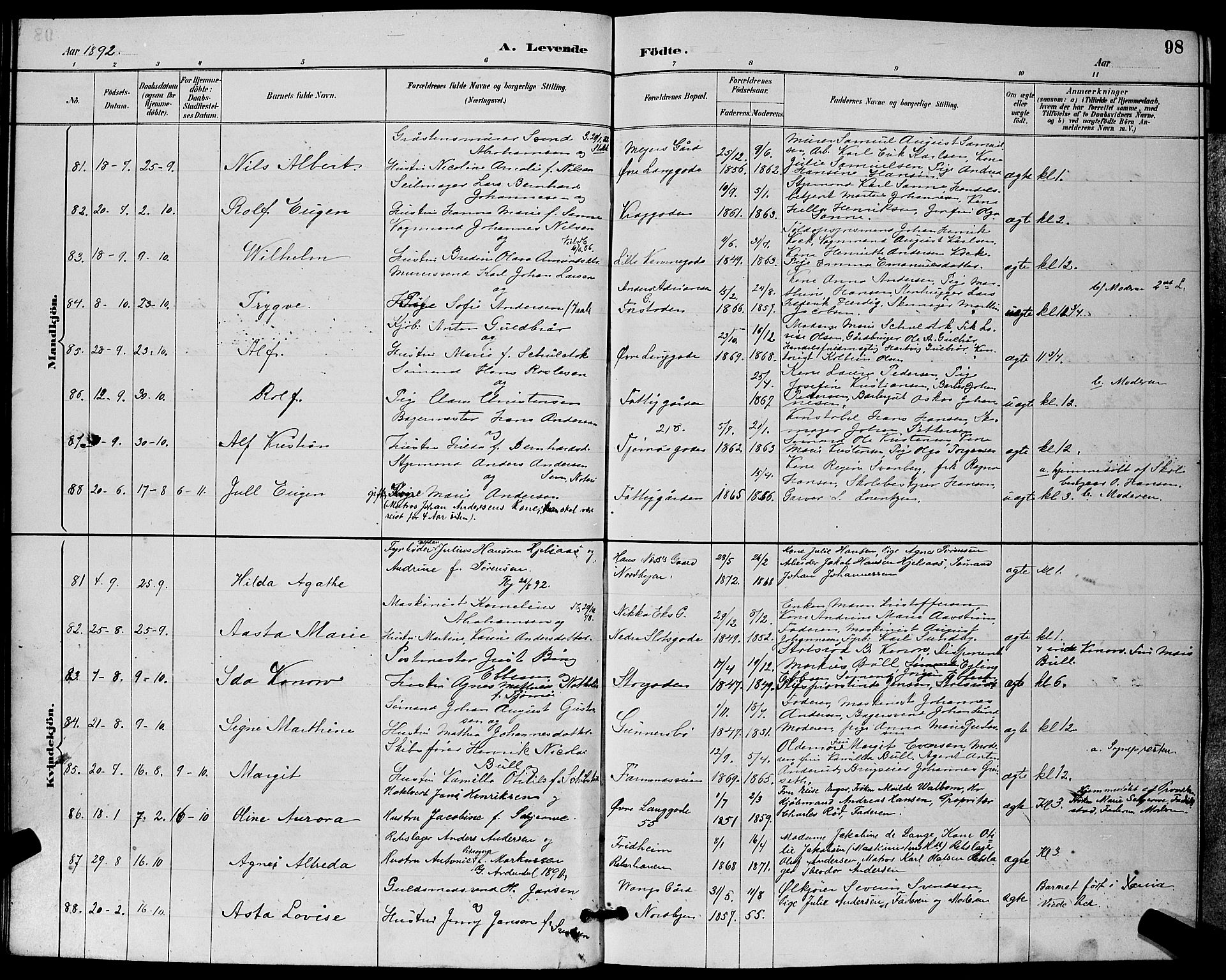 Tønsberg kirkebøker, SAKO/A-330/G/Ga/L0006: Parish register (copy) no. 6, 1885-1895, p. 98