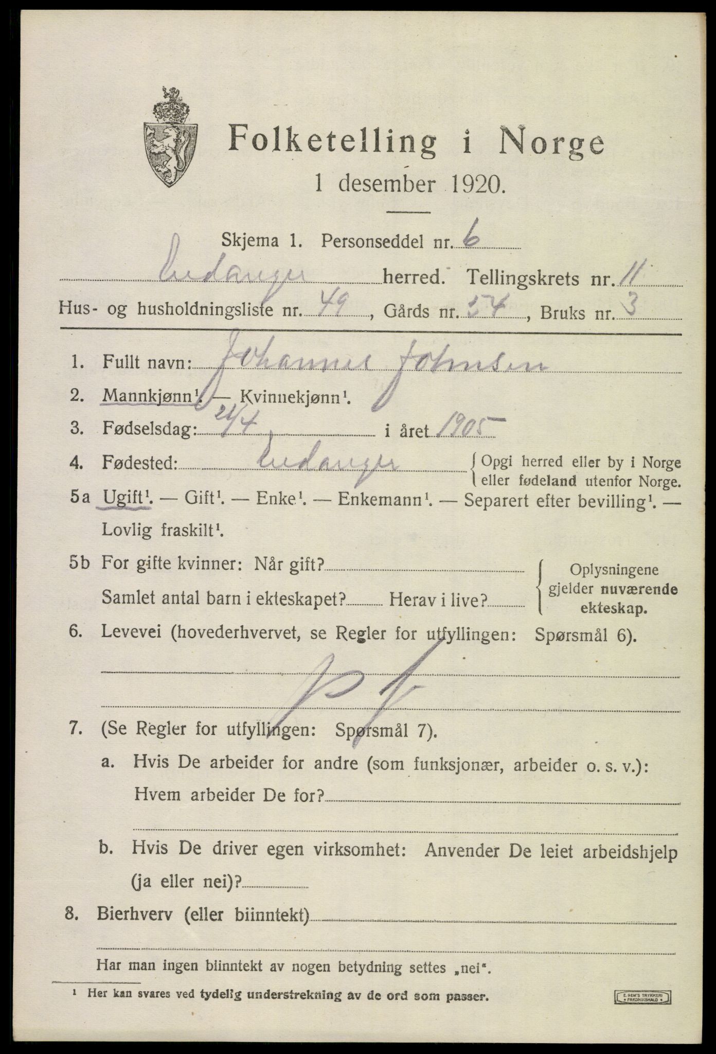 SAKO, 1920 census for Eidanger, 1920, p. 7190