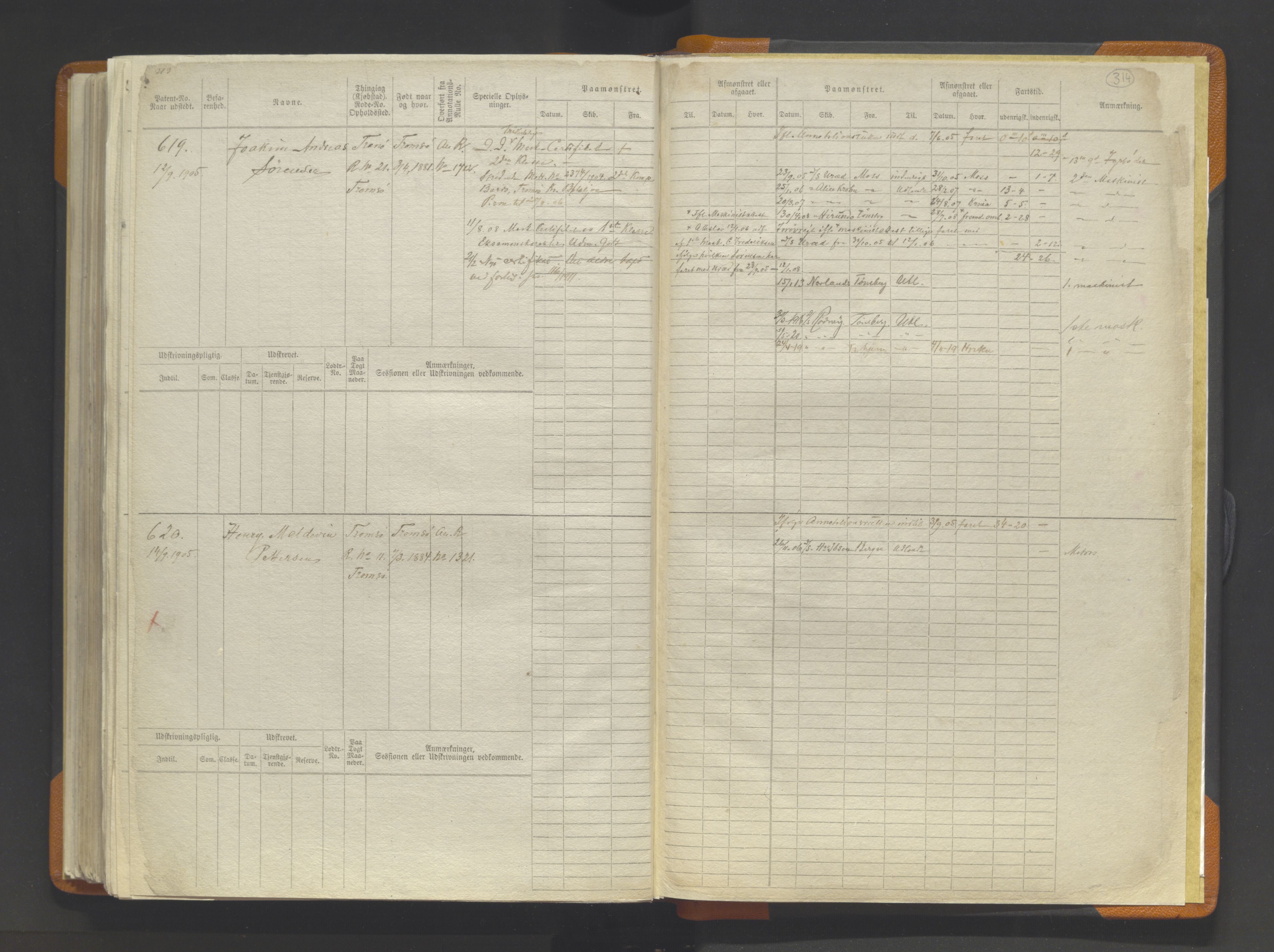 Tromsø sjømannskontor/innrullerings-/mønstringsdistrikt, AV/SATØ-S-0243/F/Fb/L0014: Sjøfartsrulle (hovedrulle). Nr. 1-620, 1868-1906, p. 314