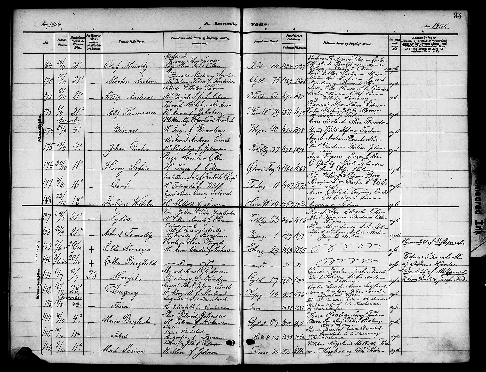 Kristiansand domprosti, AV/SAK-1112-0006/F/Fb/L0019: Parish register (copy) no. B 19, 1905-1914, p. 34