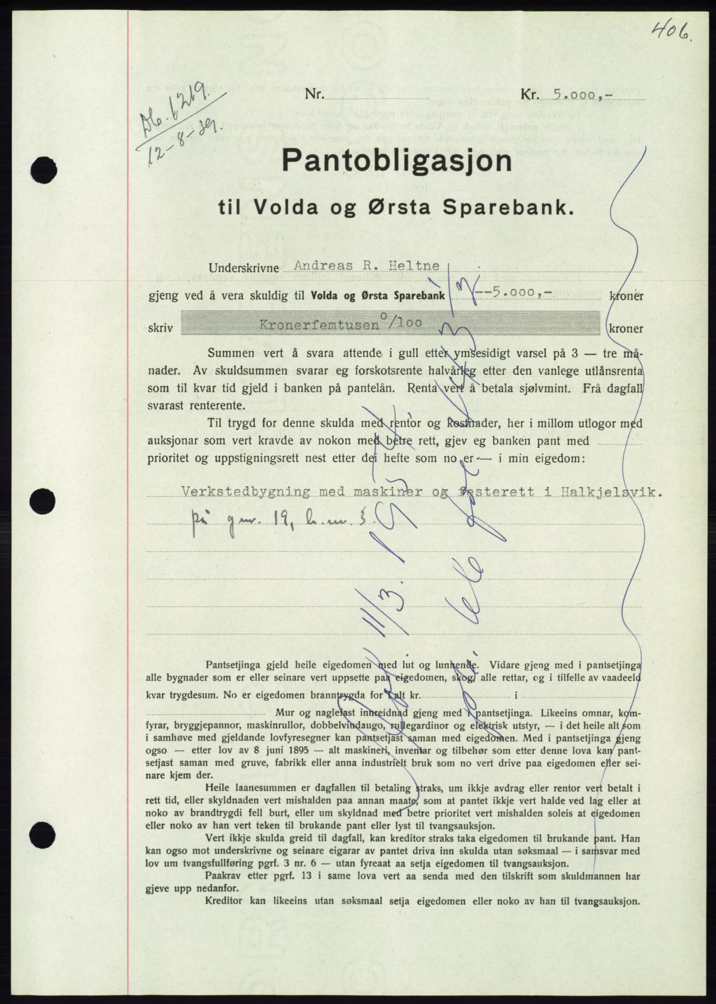 Søre Sunnmøre sorenskriveri, AV/SAT-A-4122/1/2/2C/L0068: Mortgage book no. 62, 1939-1939, Diary no: : 1219/1939