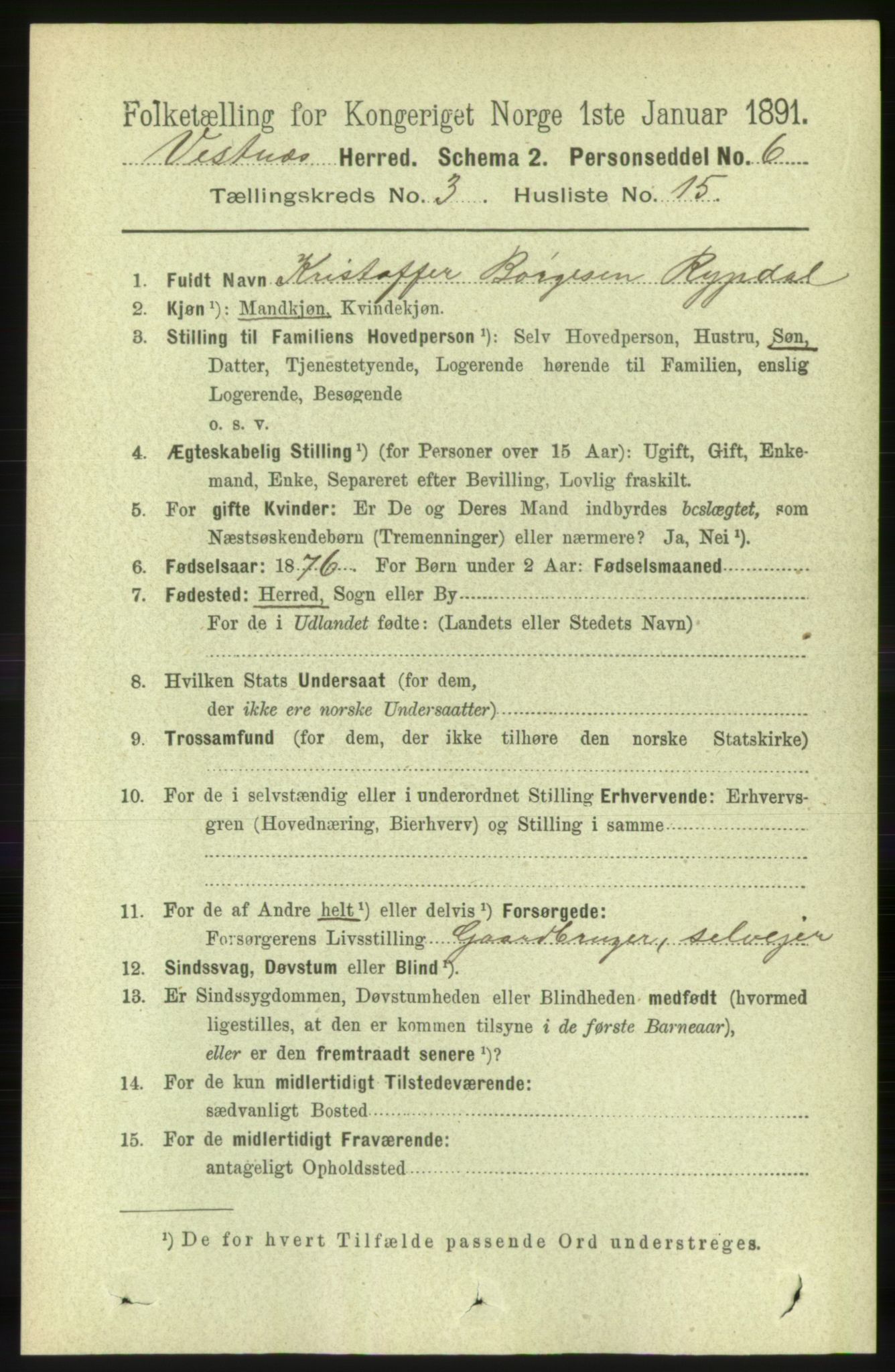 RA, 1891 census for 1535 Vestnes, 1891, p. 955