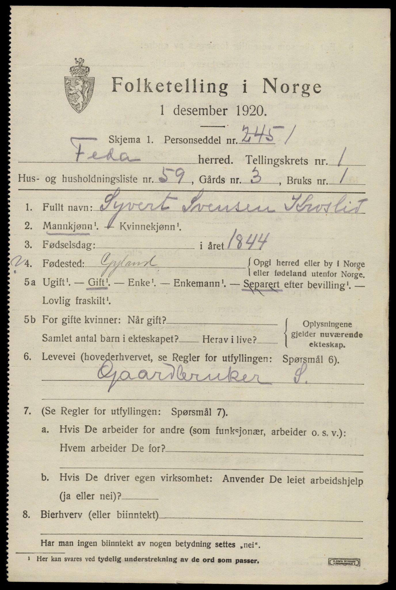 SAK, 1920 census for Feda, 1920, p. 941